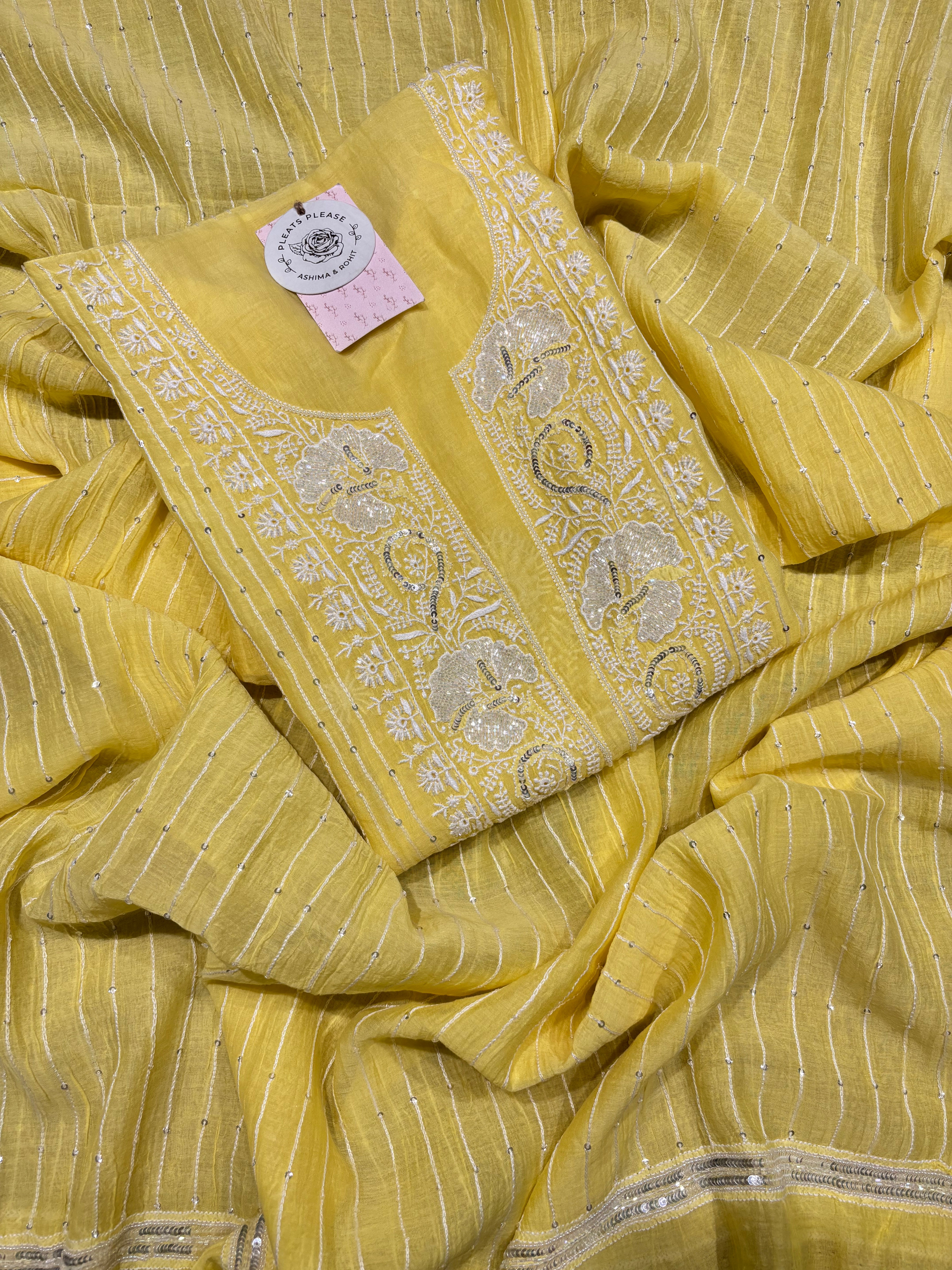 Yellow Chanderi Mul Chikankari Kurta and Dupatta Set