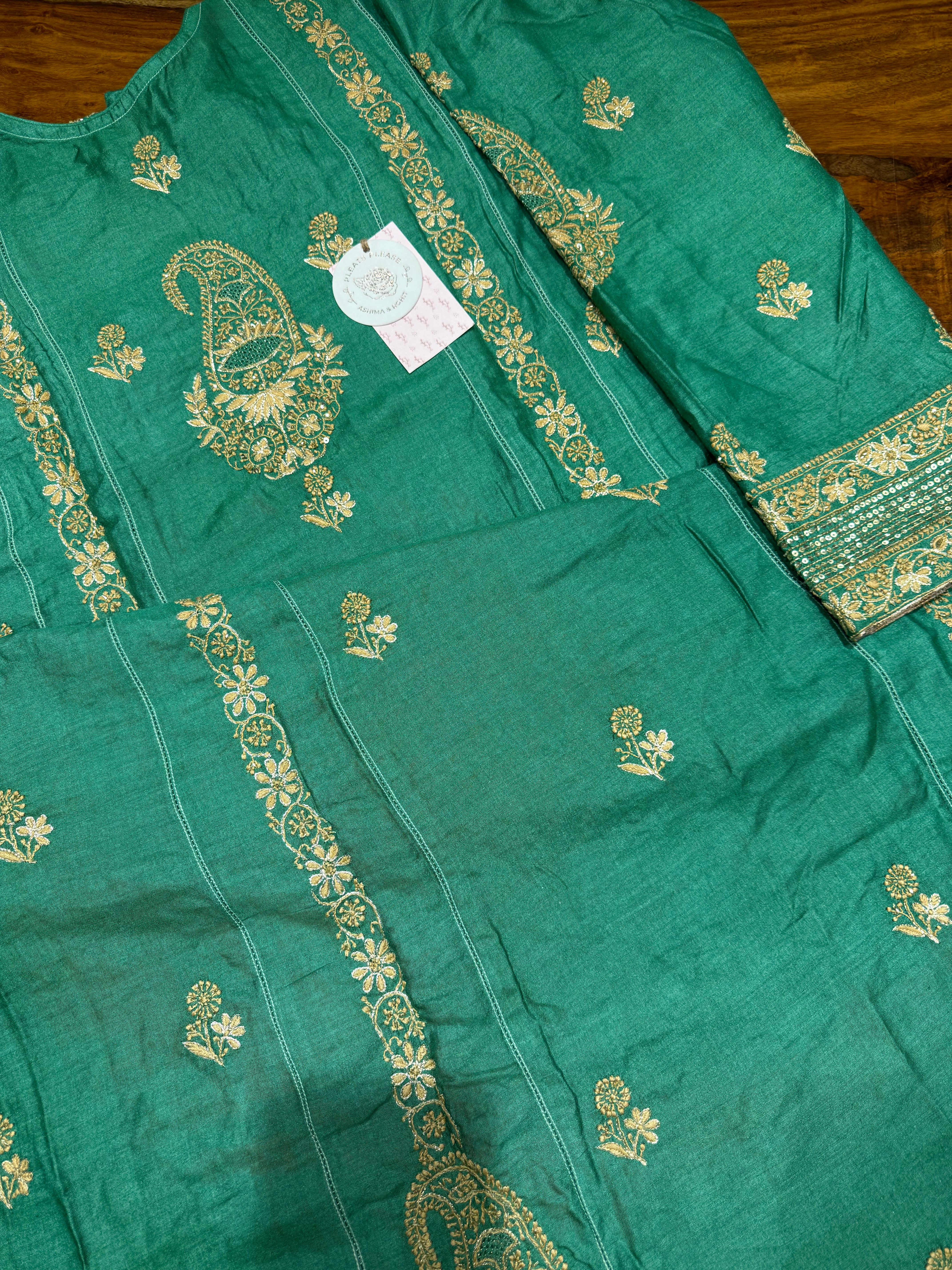 Emerald Green Monga Silk Chikankari A-Line Anarkali & Dupatta Set