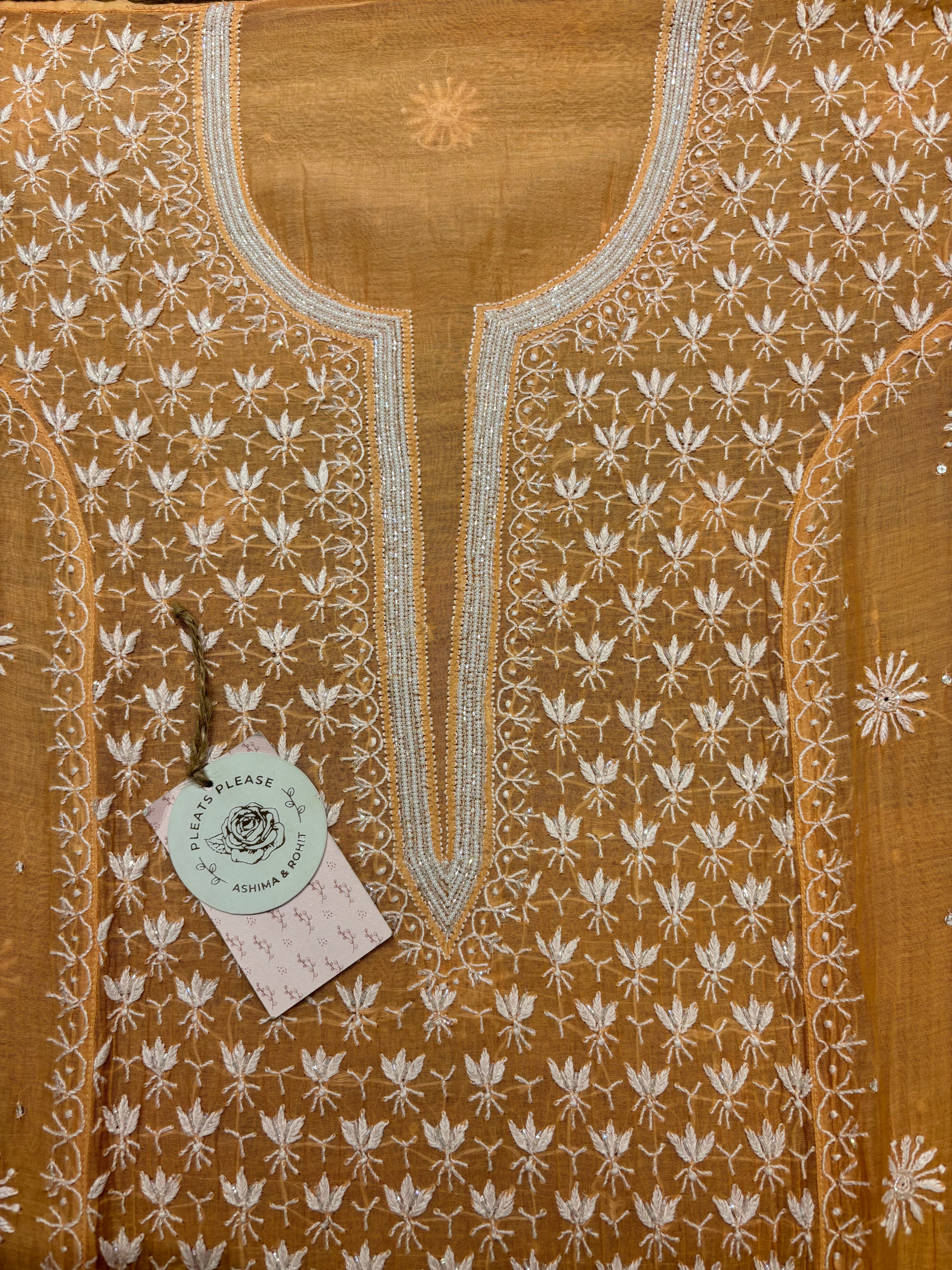 Peach Chanderi Mul Chikankari Kurta and Dupatta Set