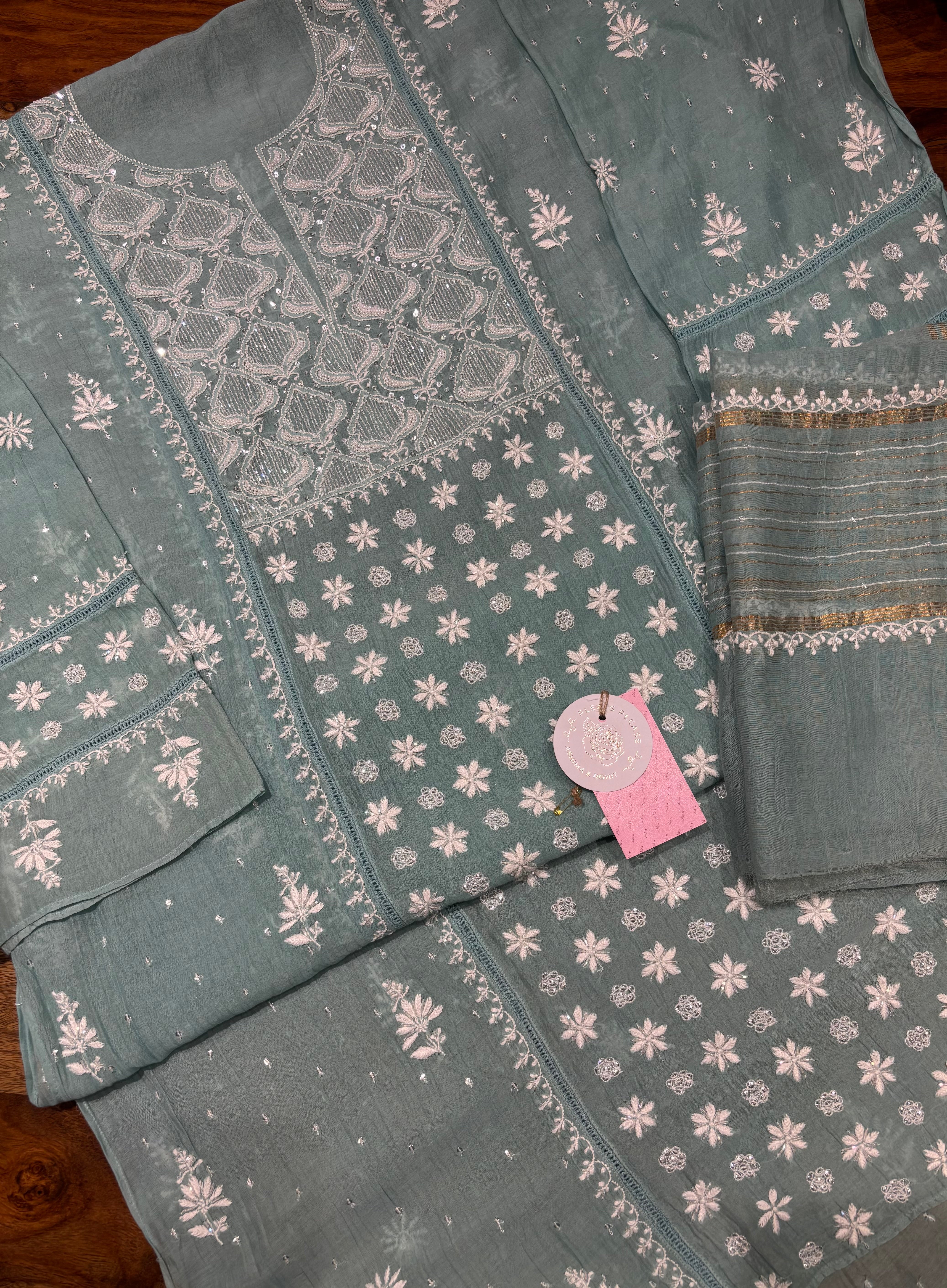 Turquoise Blue Chanderi Mul Chikankari Kurta & Dupatta set