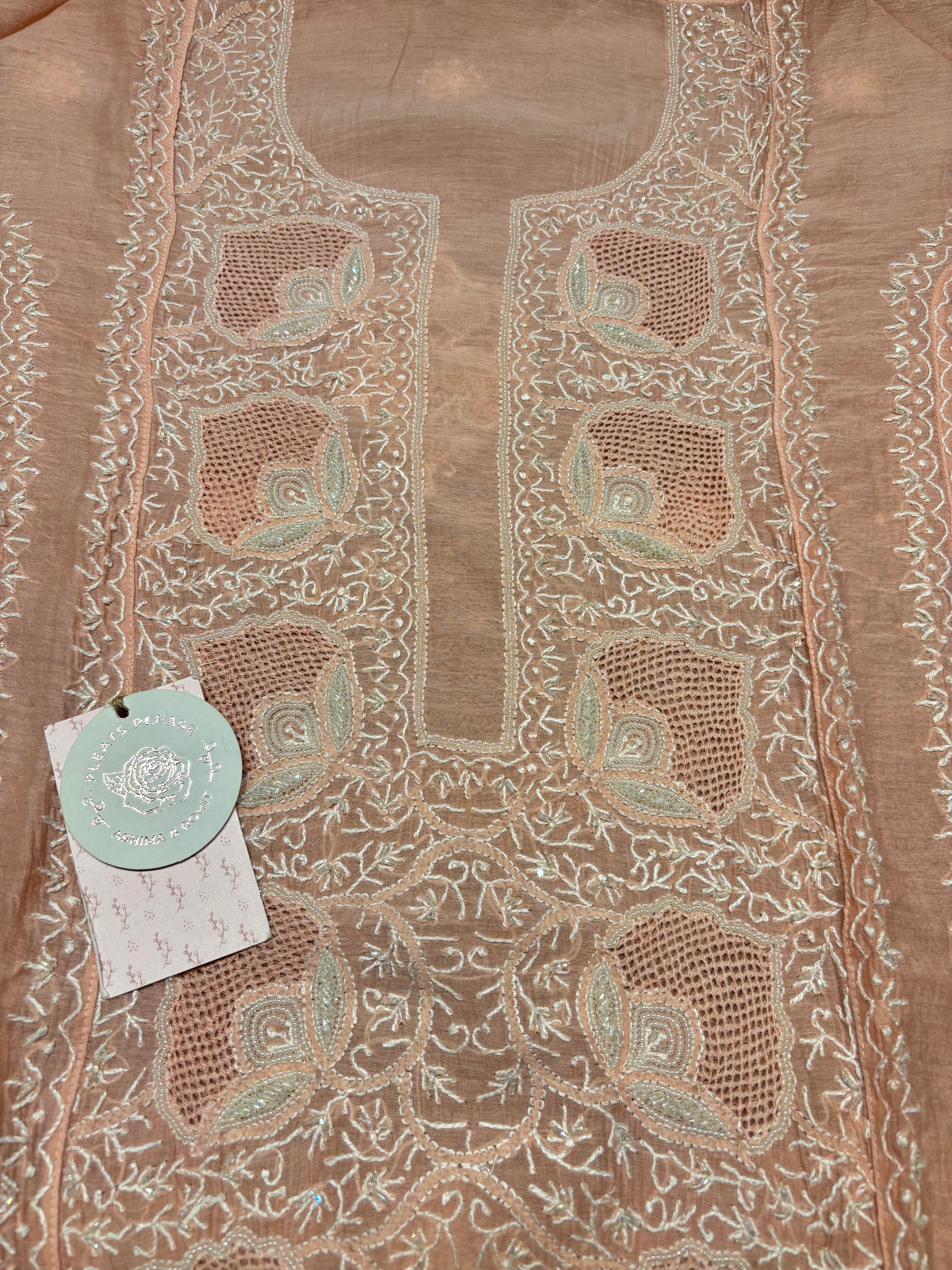 Peach Chanderi Mul Chikankari Kurta and Dupatta Set