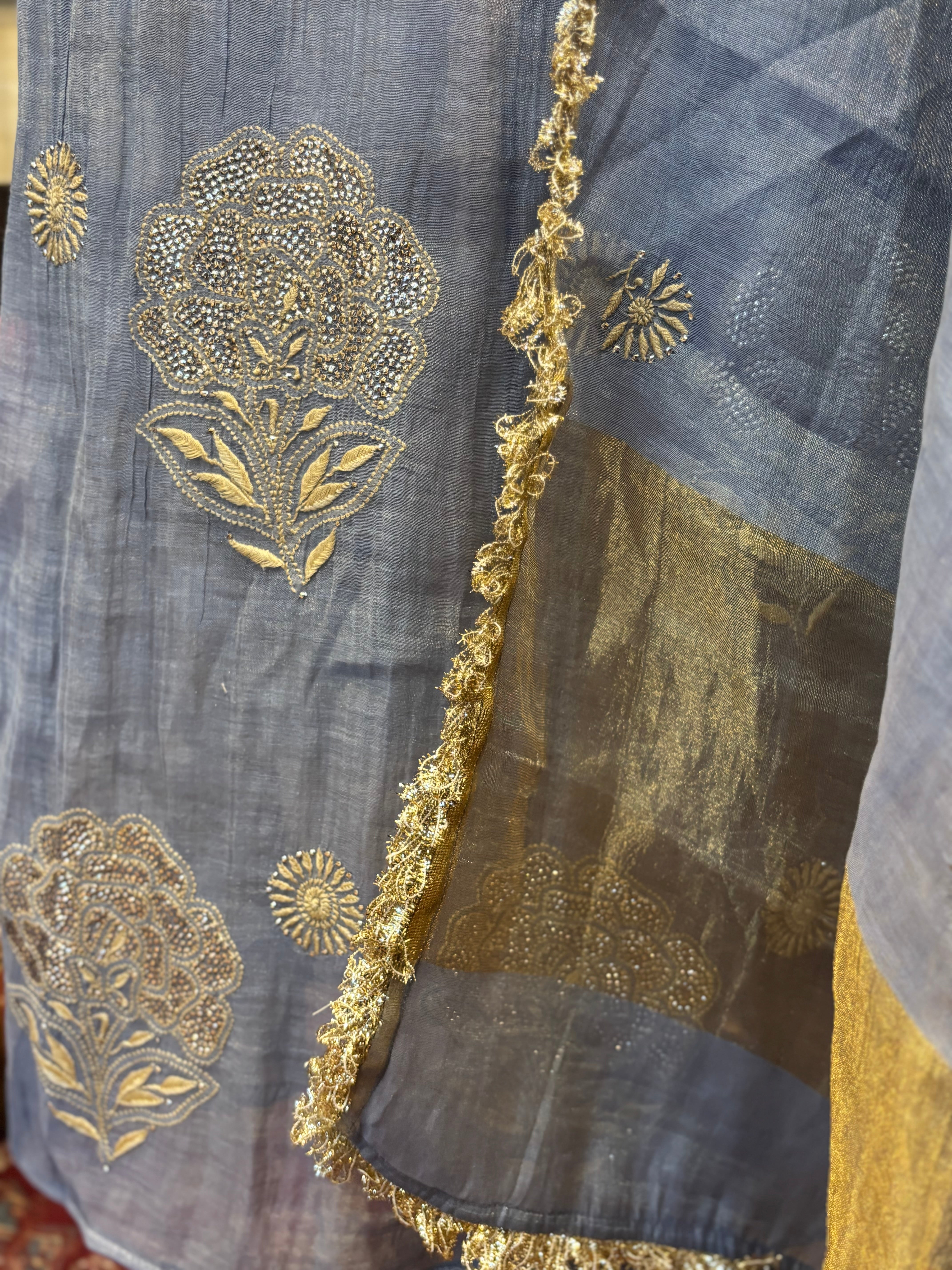 Blue Pure and Premium Tissue Chikankari & Mukaish Angrakha Kurta and Dupatta Set