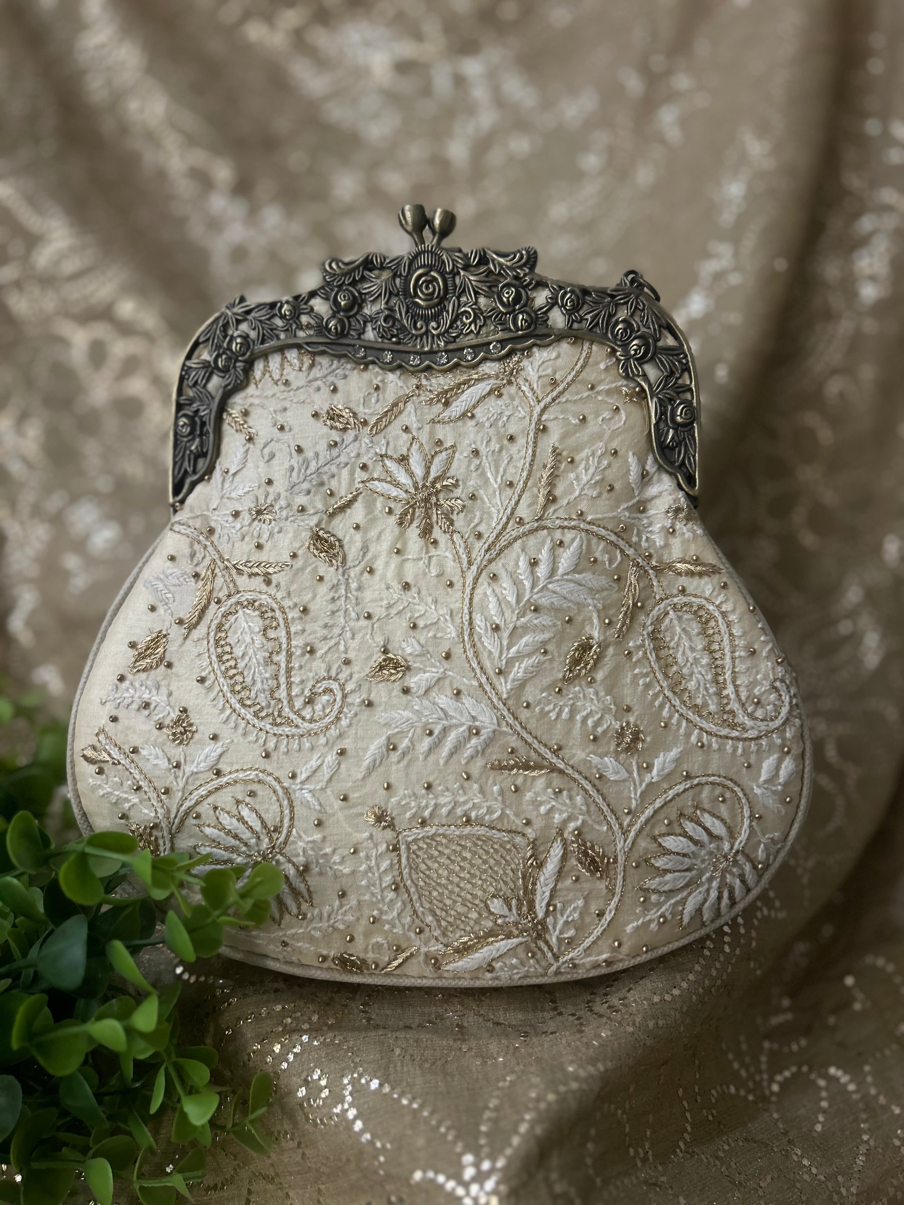Ivory Chikankari Clutch Bag