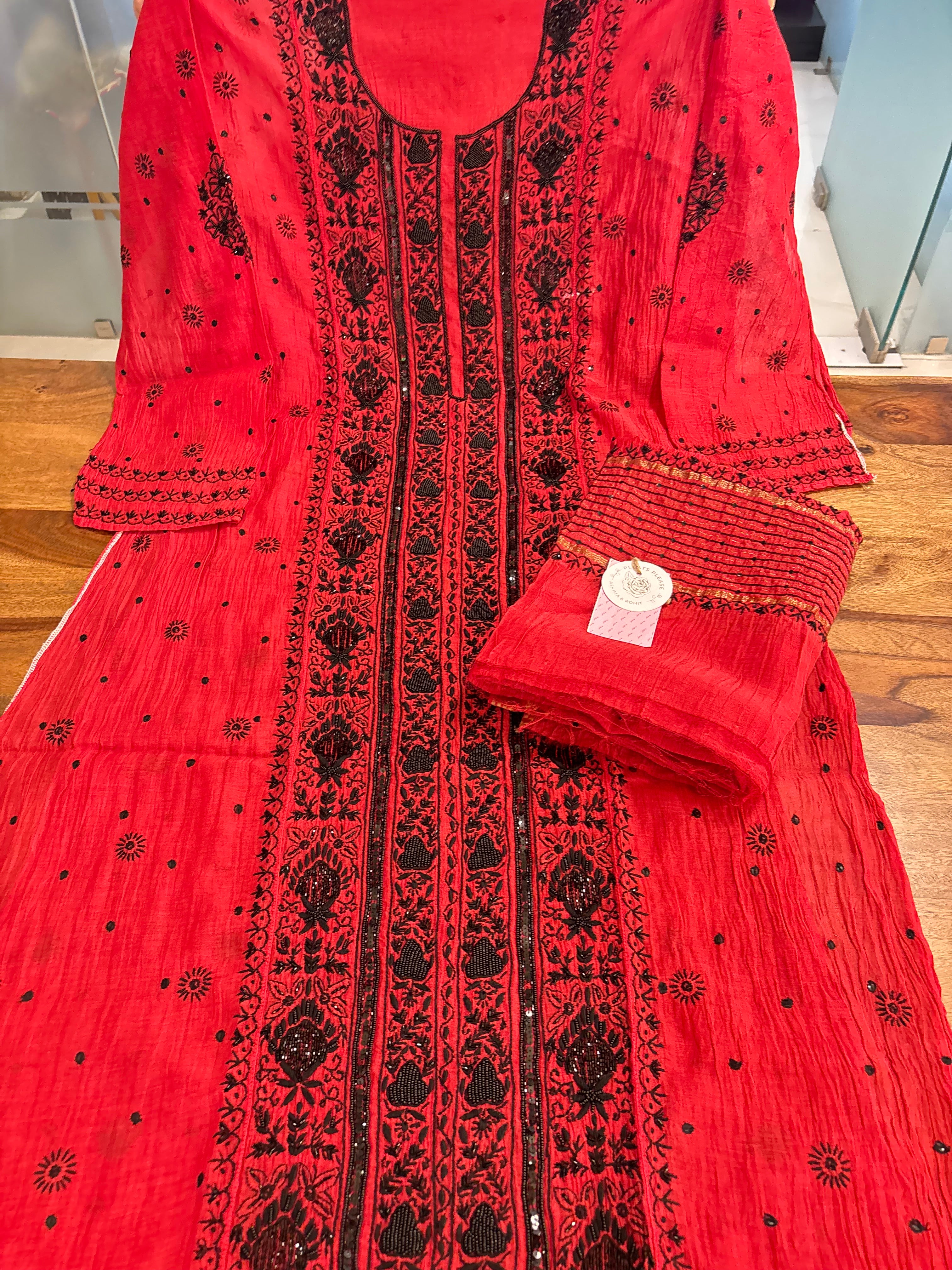 Red Chanderi Chikankari Kurta & Dupatta