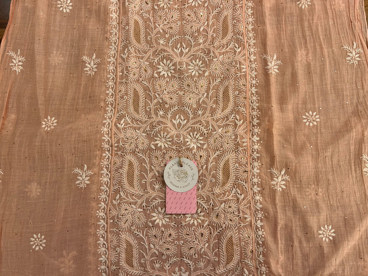 Peach Chanderi Chikankari Mukaish Kurta & Dupatta