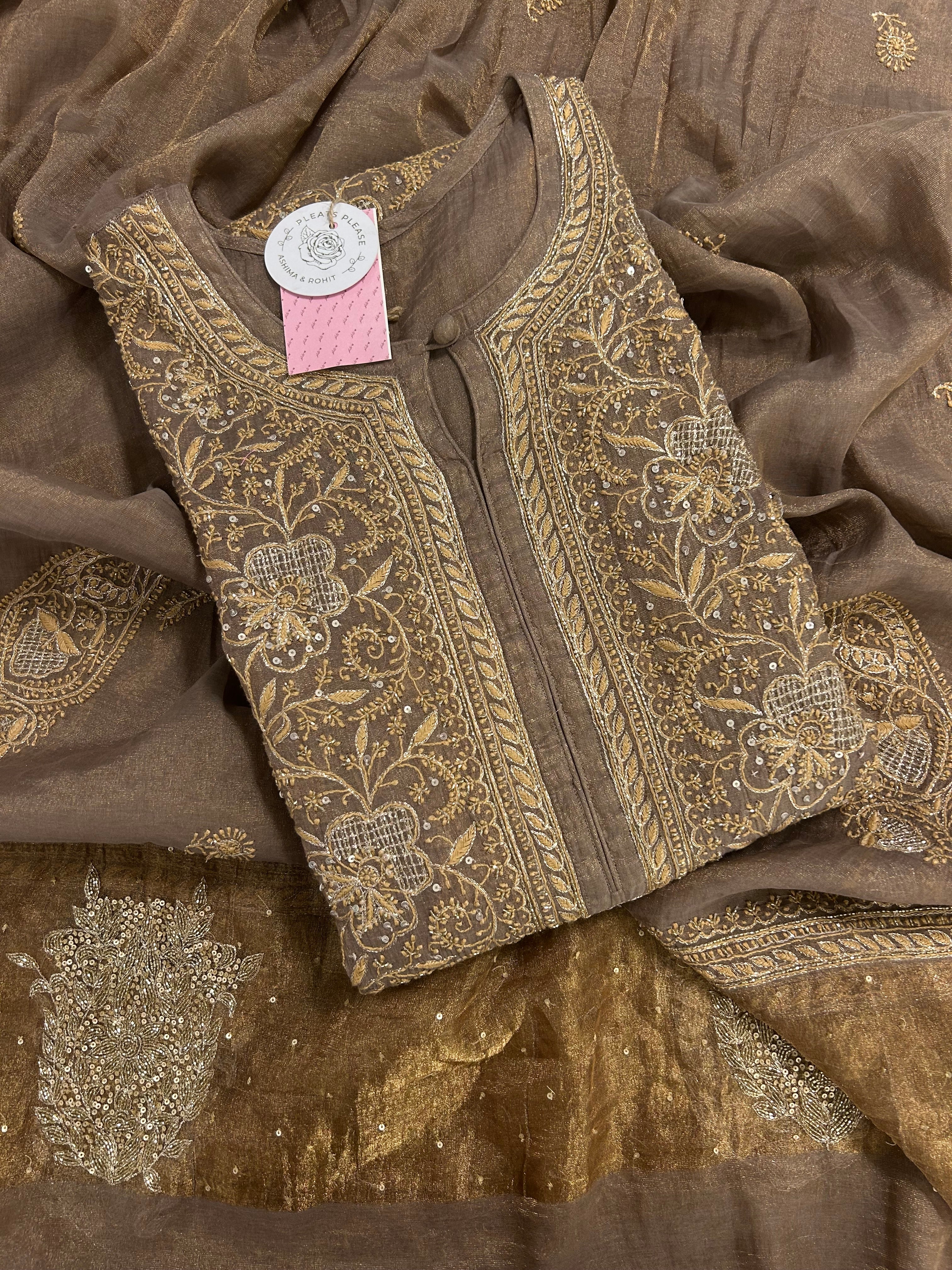 Bronze Pure & Premium Tissue Heavy Jaal Chikankari Kurta & Dupatta - Pleats PleaseChikankari