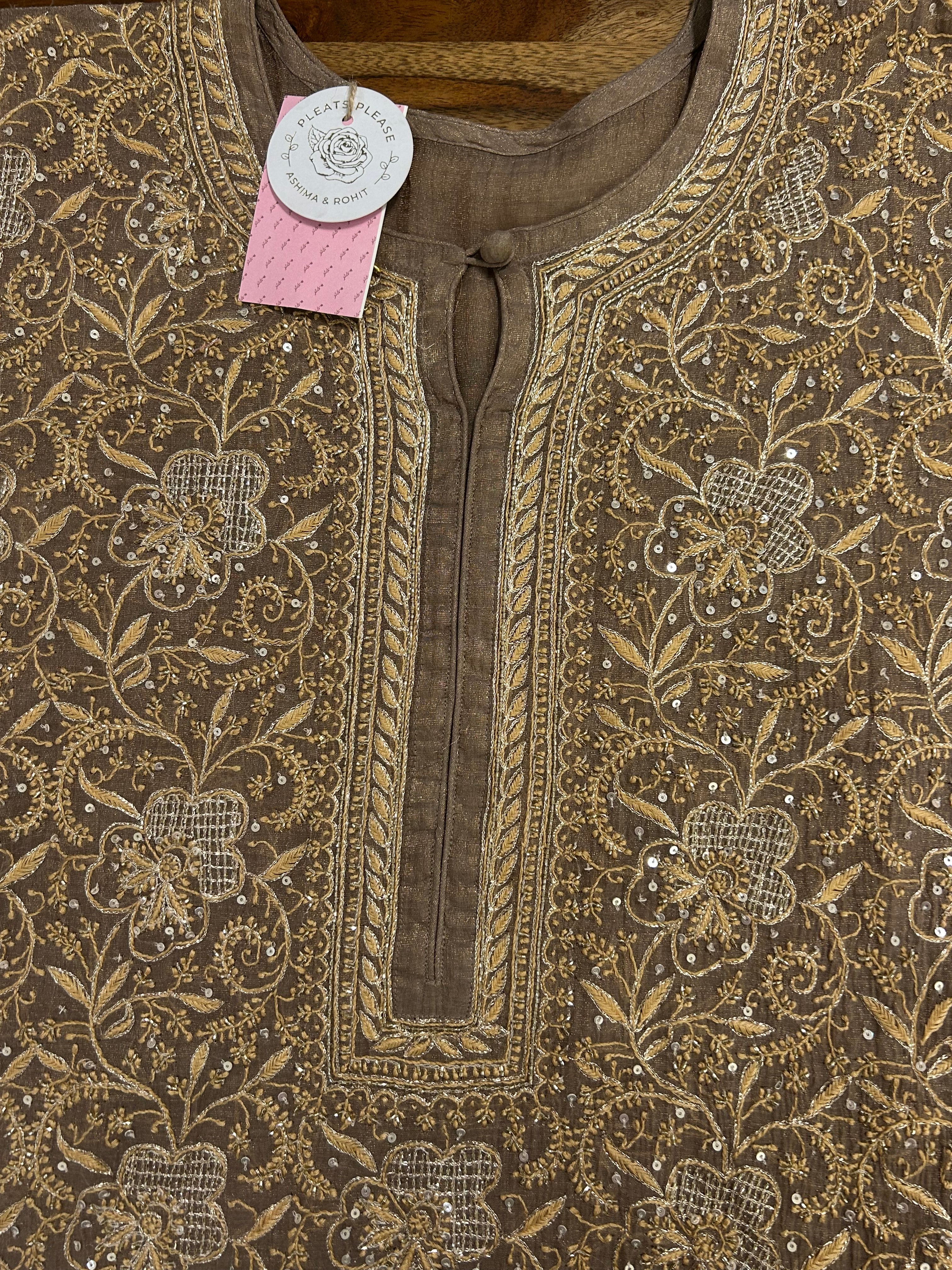 Bronze Pure & Premium Tissue Heavy Jaal Chikankari Kurta & Dupatta - Pleats PleaseChikankari