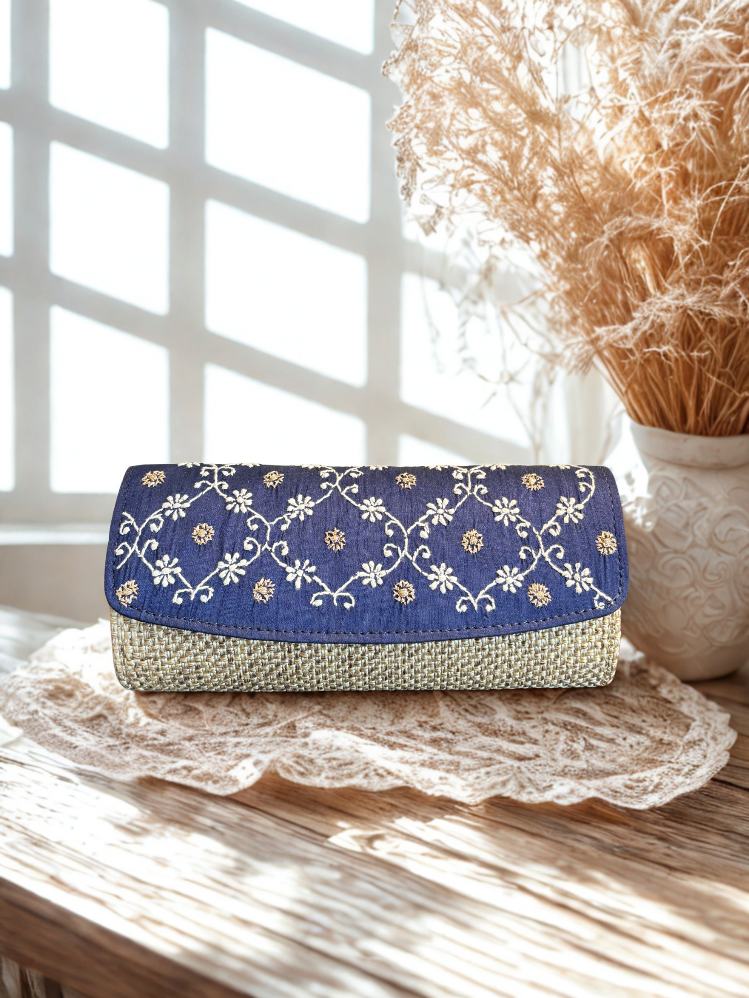 Navy Blue Chikankari Clutch Jute Bag
