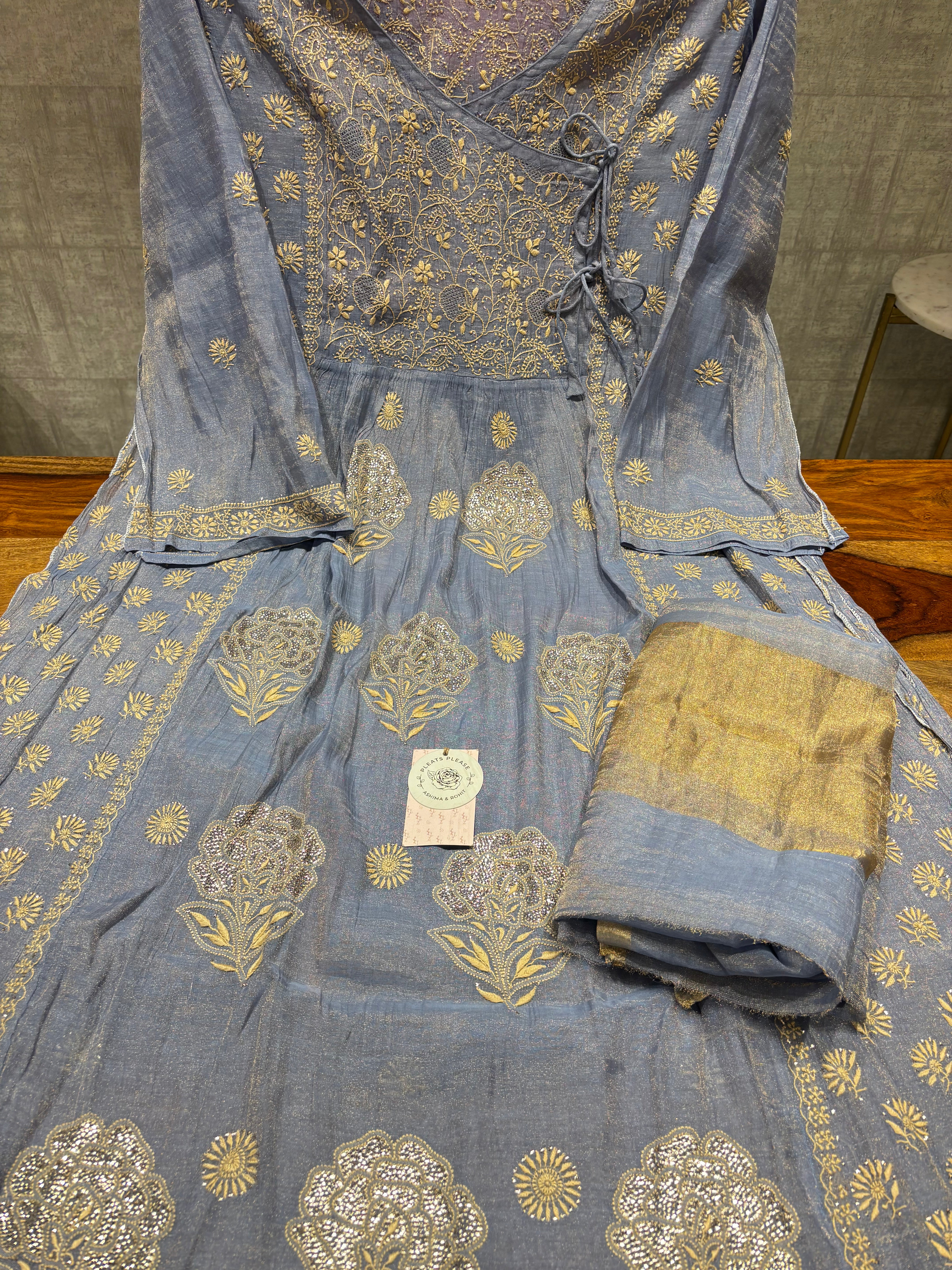 Blue Pure and Premium Tissue Chikankari & Mukaish Angrakha Kurta and Dupatta Set