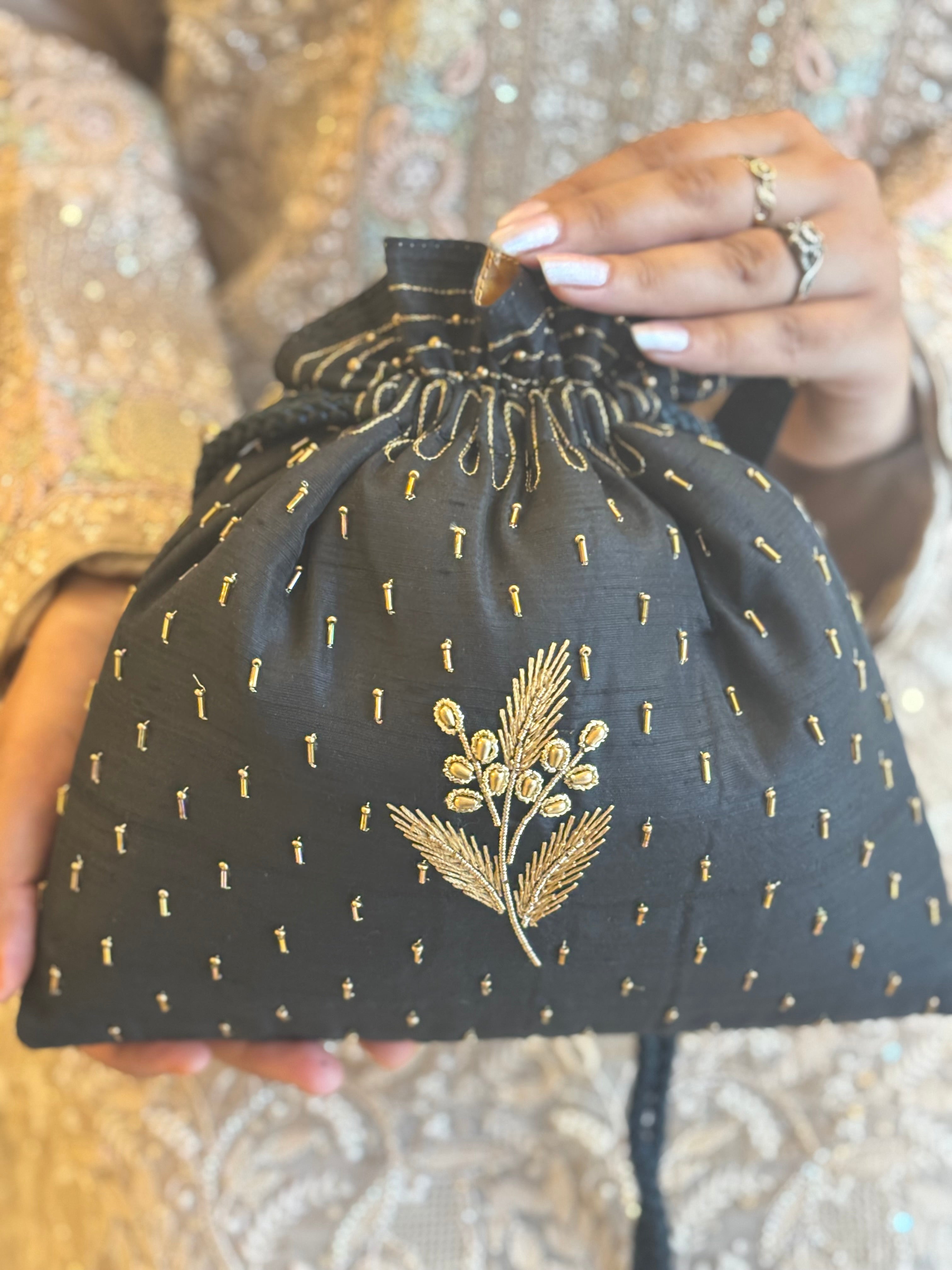 Black Silk Chikankari Potli
