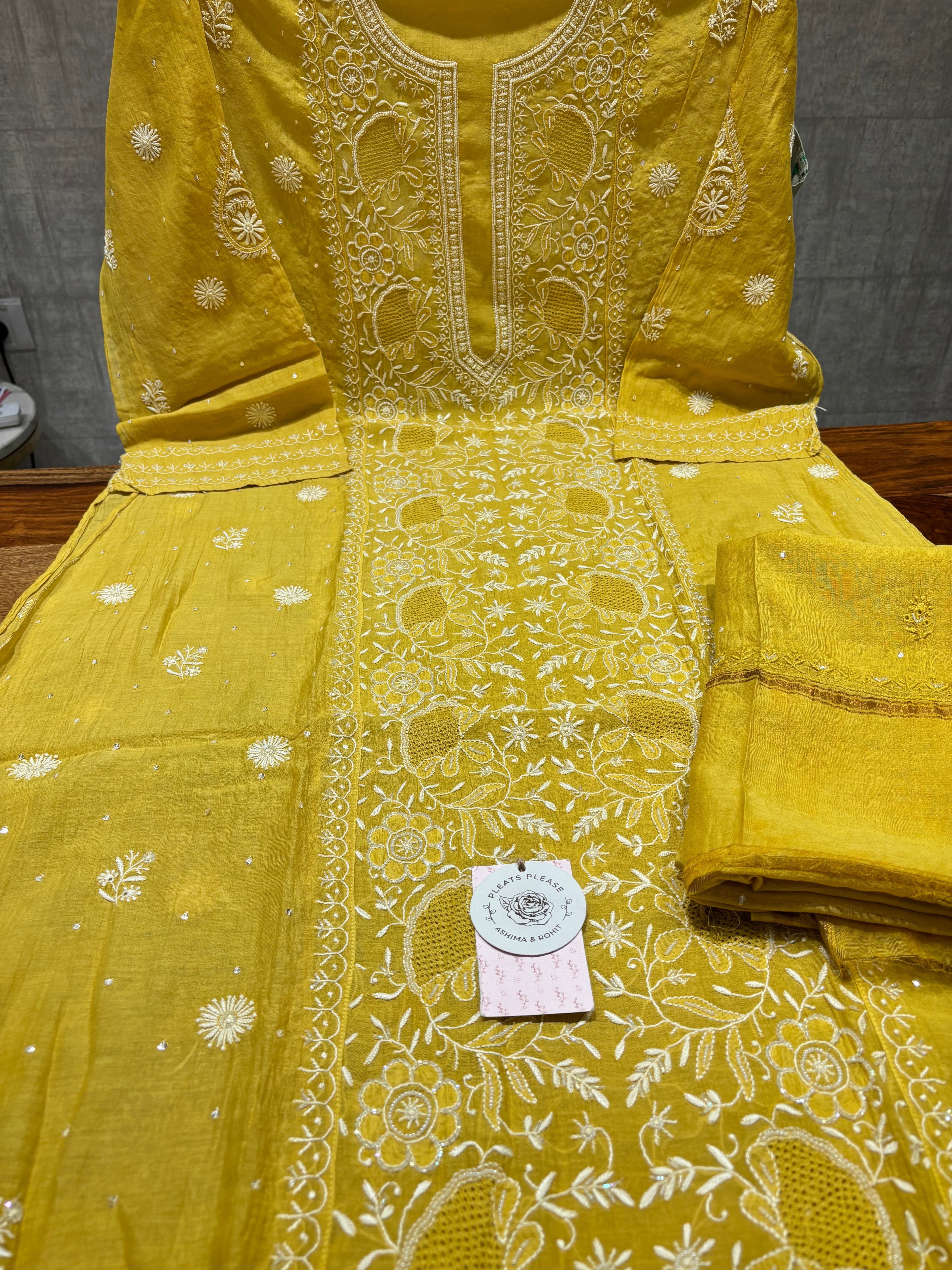 Mustard Chanderi Mul Chikankari Kurta and Dupatta Set