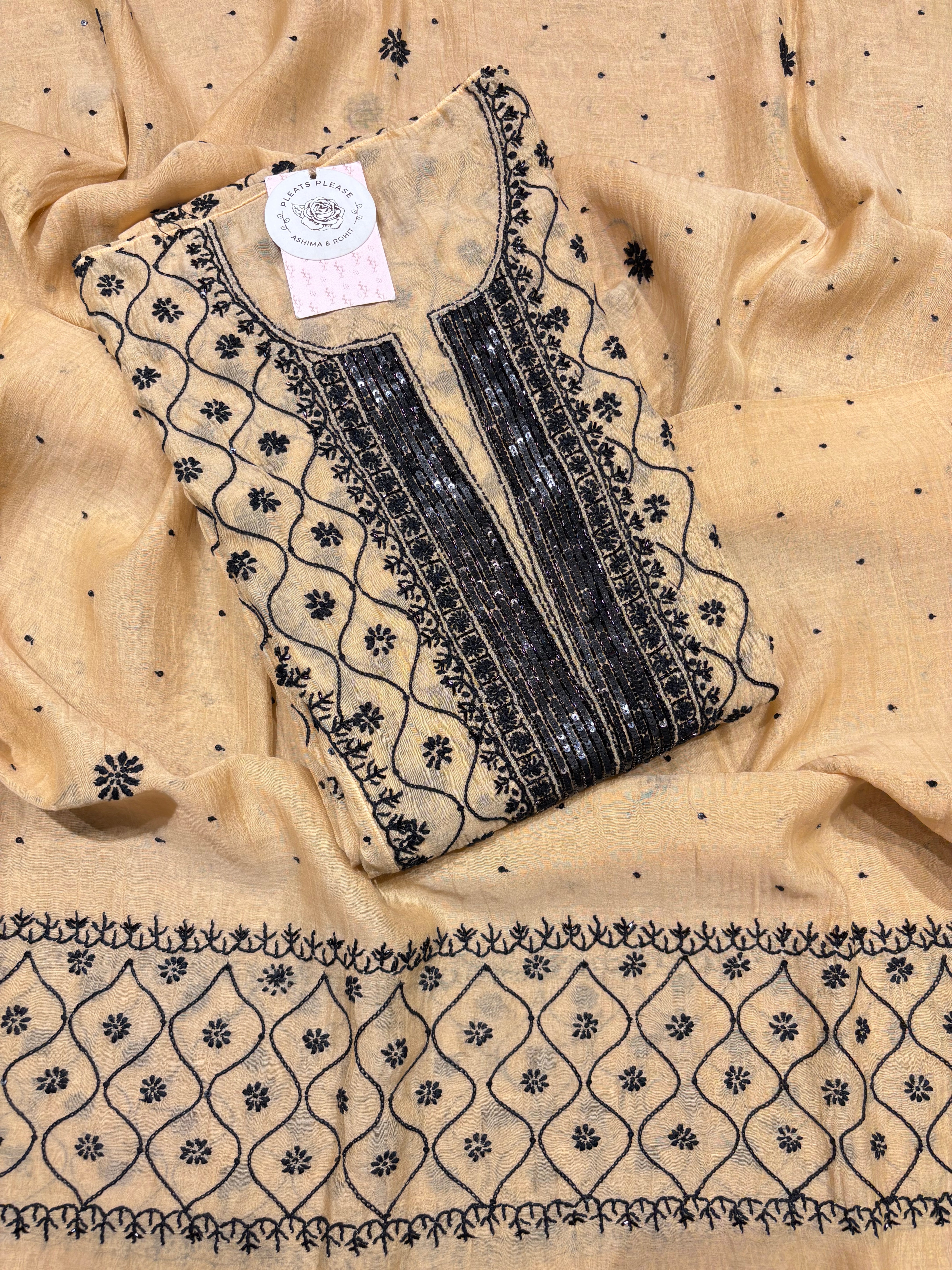 Golden Chanderi Mul Chikankari Anarkali and Dupatta Set