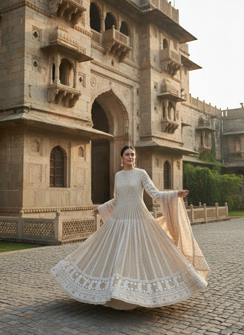 Champagne Beige Pure And Premium Georgette Mukaish Chikankari Heavy Flared Anarkali