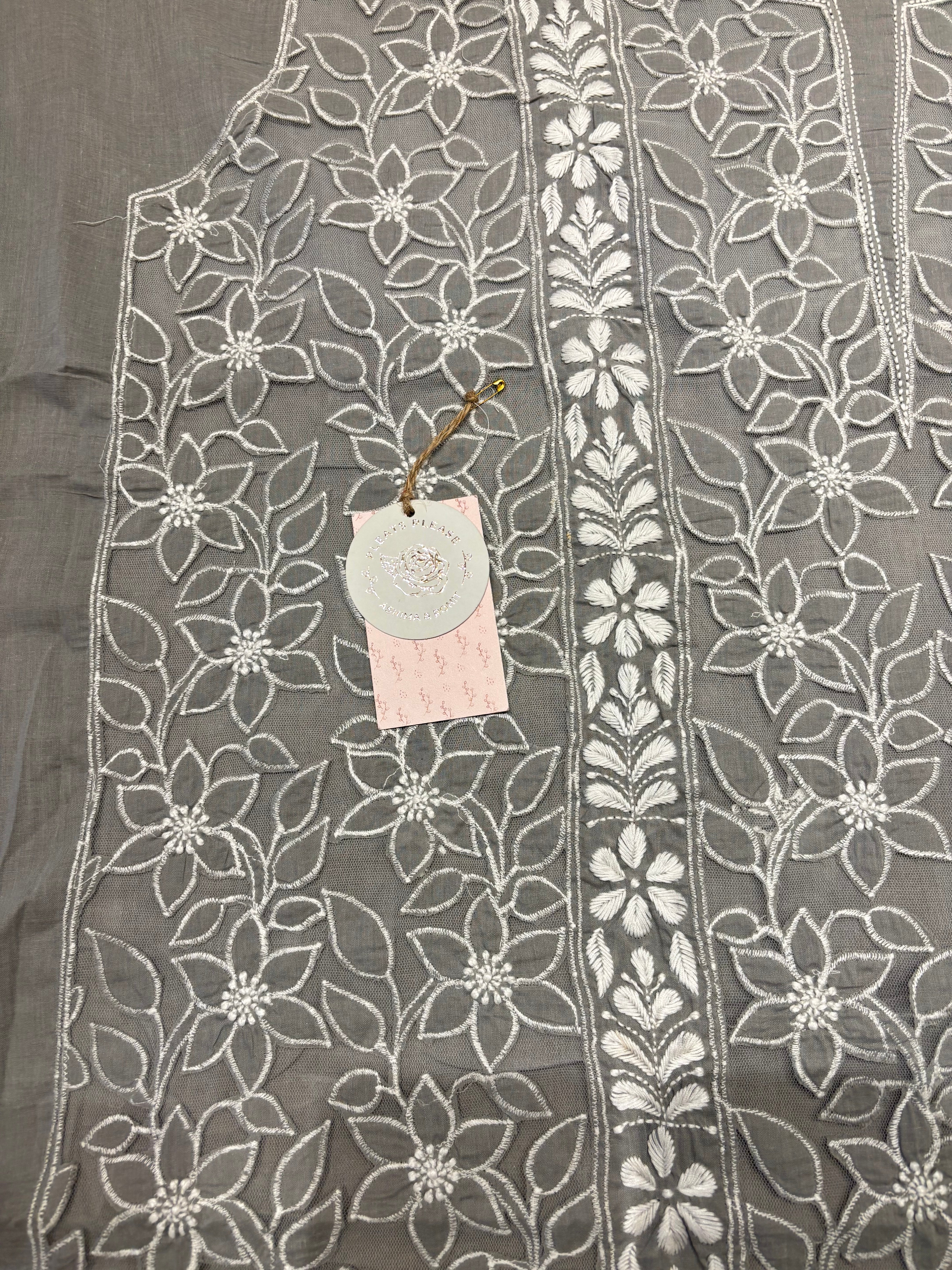 Gray Mul Soft Net Applique Chikankari Kurta and Dupatta Fabric