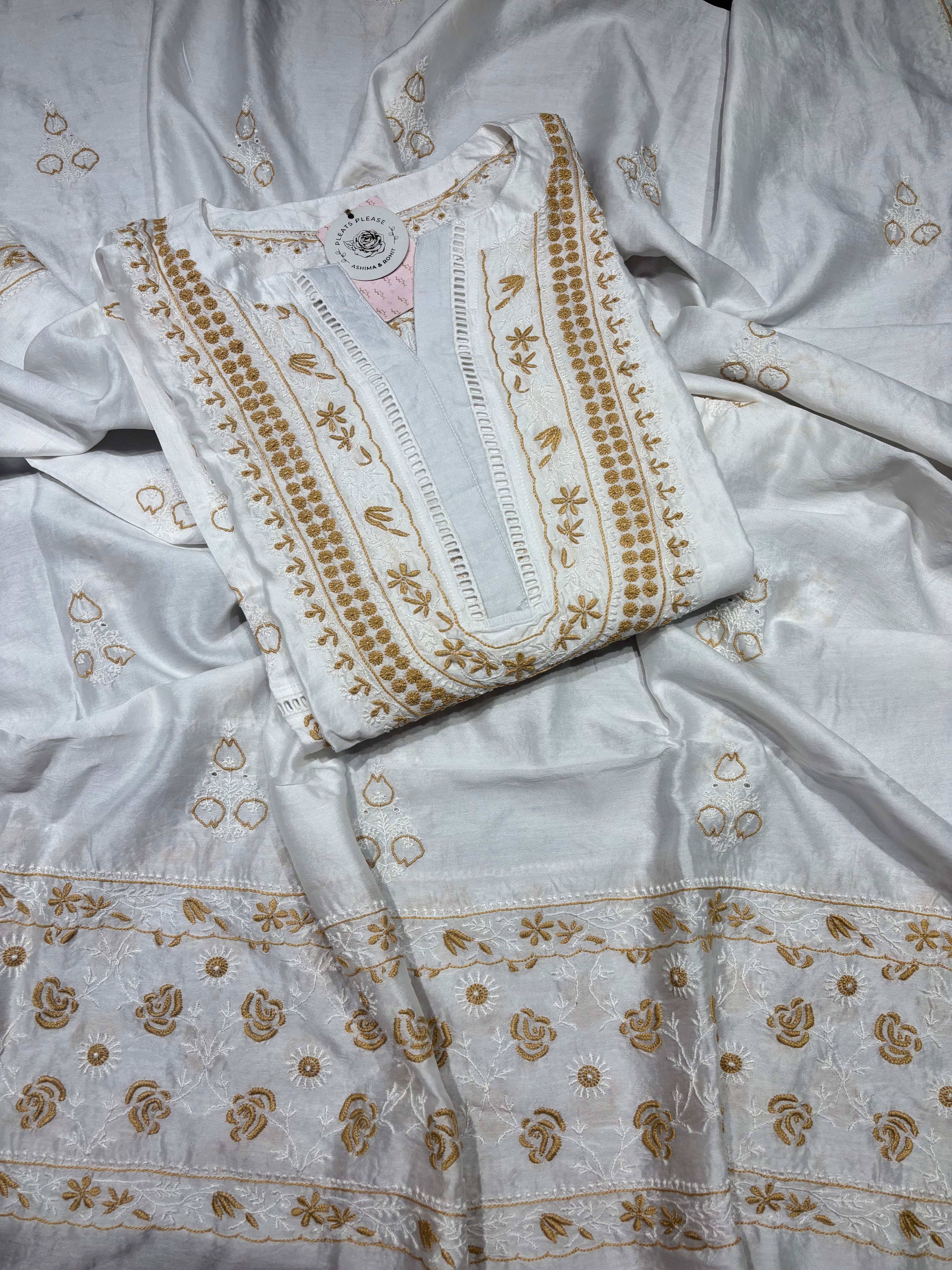 Dyeable  Chanderi  Silk Chikankari Kurta & Dupatta Set