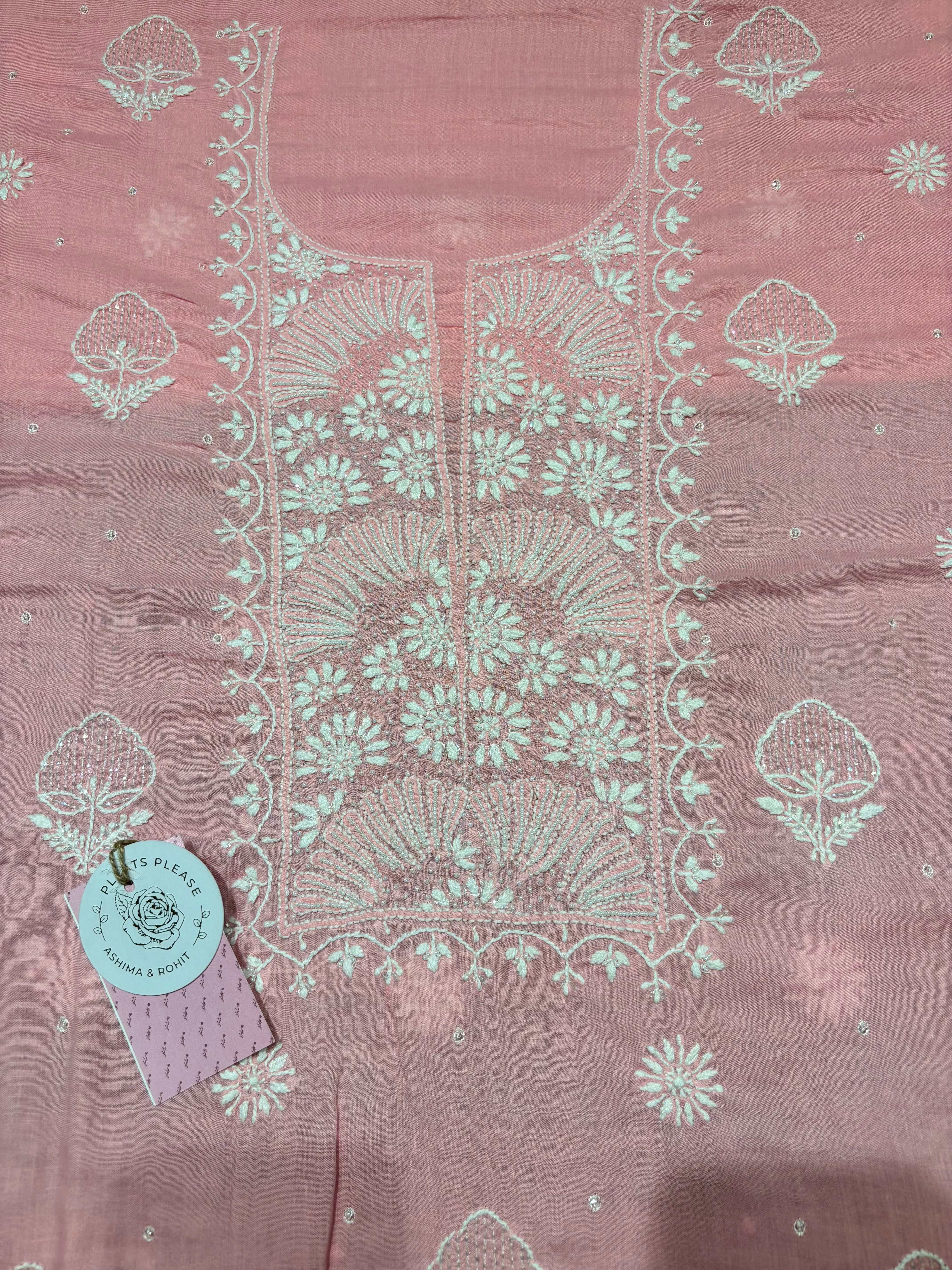 Pink Mulmul Chikankari Kurta Fabric