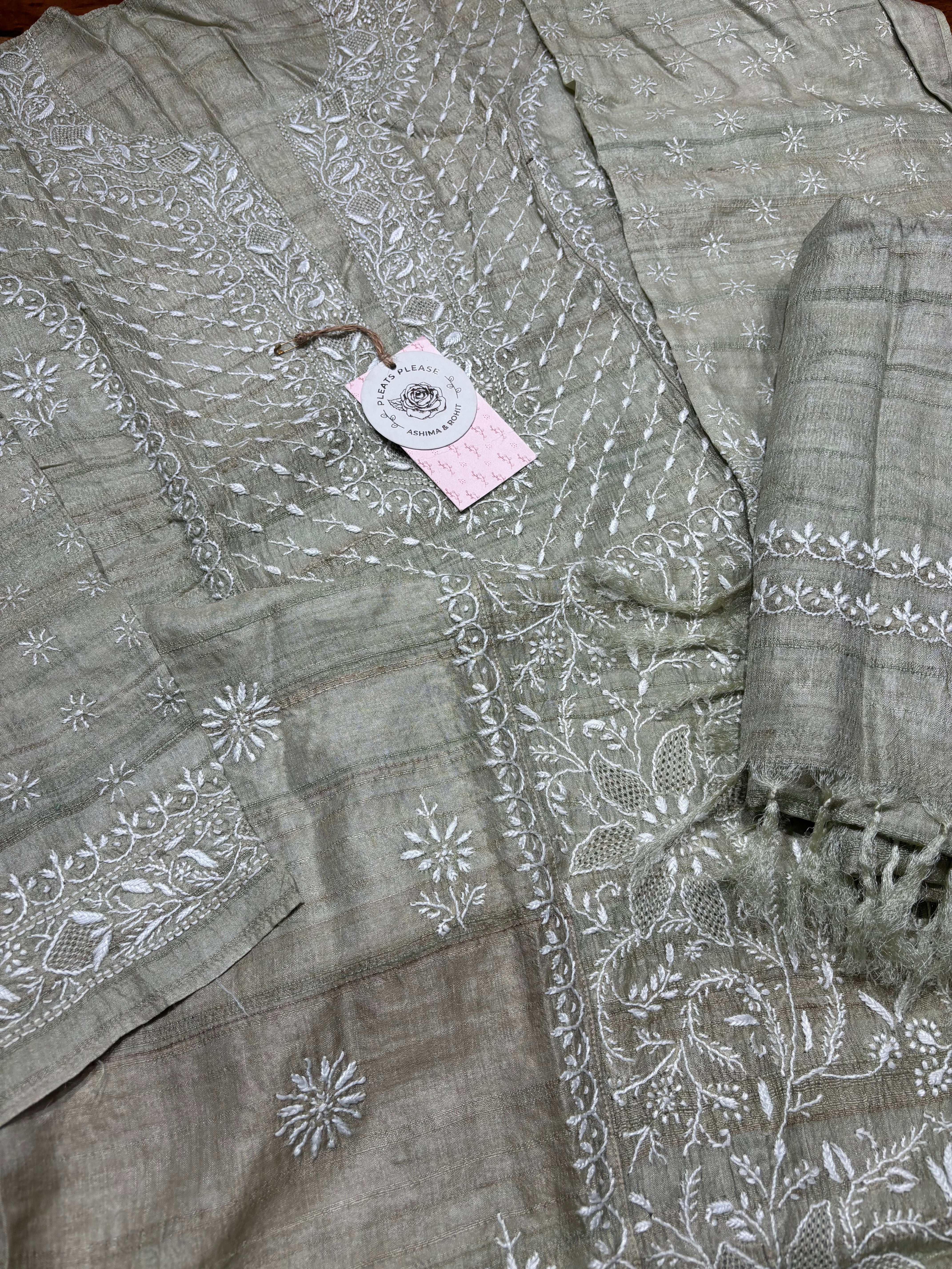 Sage Green Tussar silk Chikankari Kurta and Dupatta set