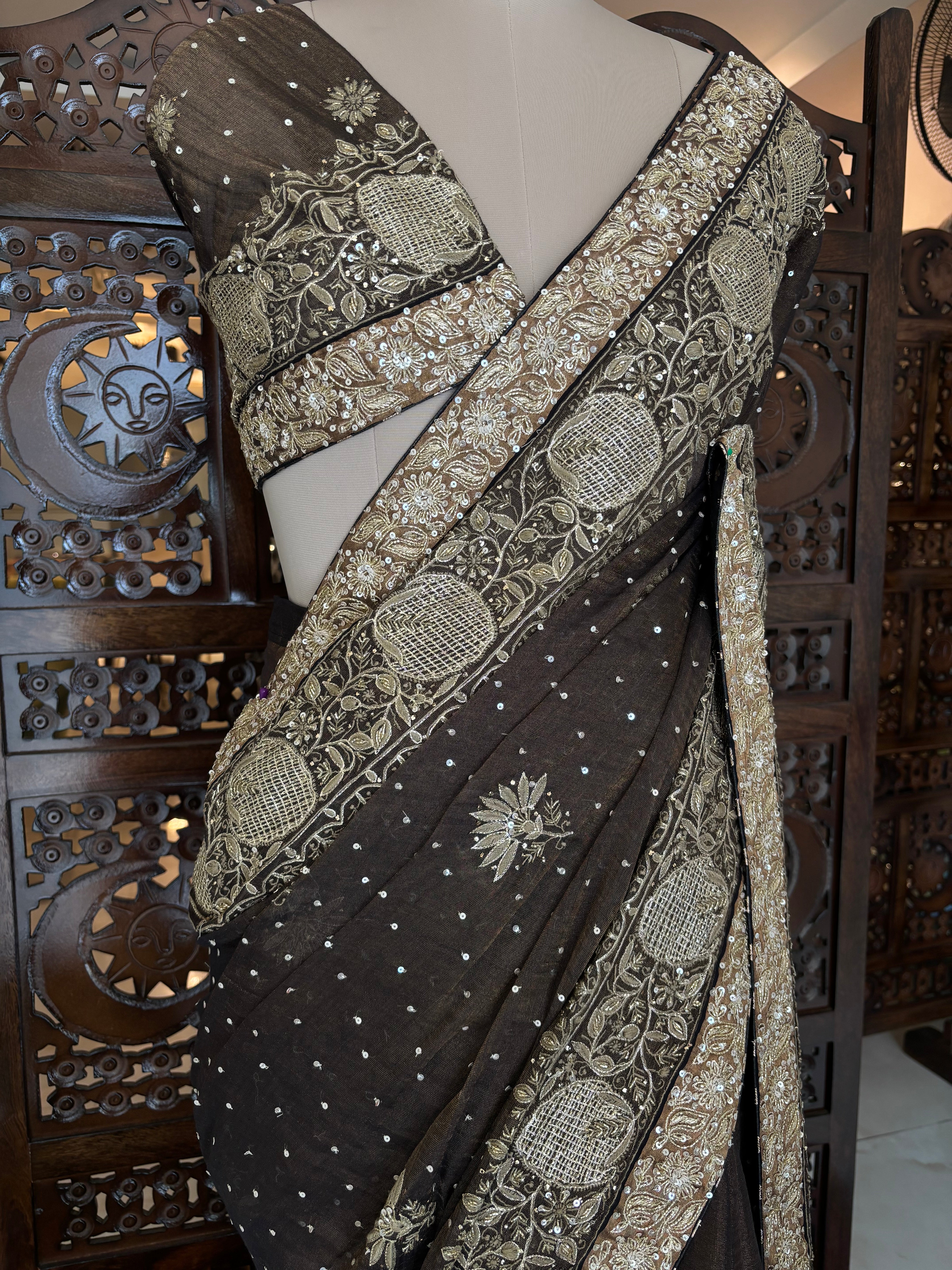Black Pure and Premium Tissue Chikankari Saree and Blouse - Pleats PleaseChikankari