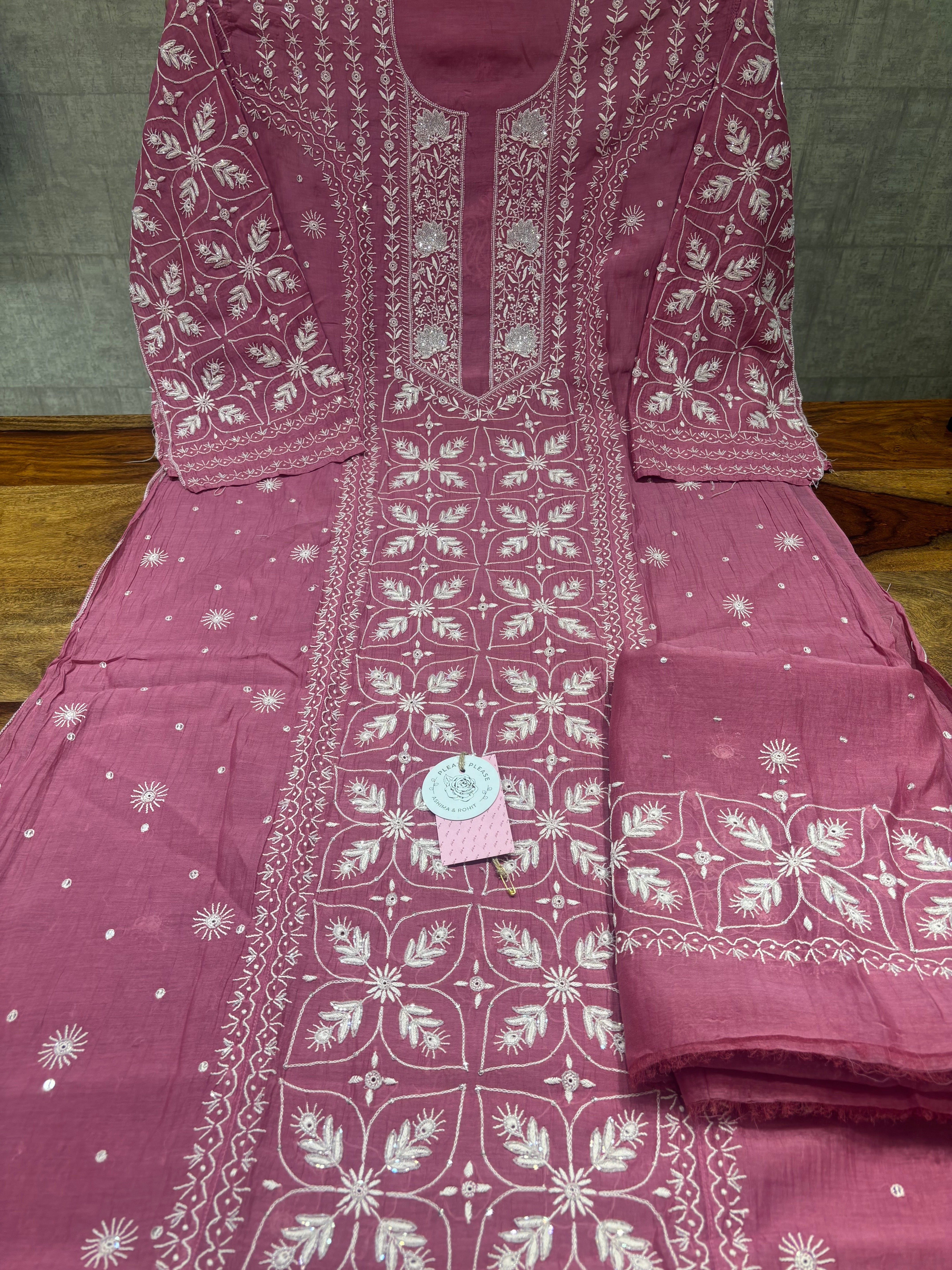 Flamingo Pink Chanderi Mul Chikankari Kurta & Dupatta Set