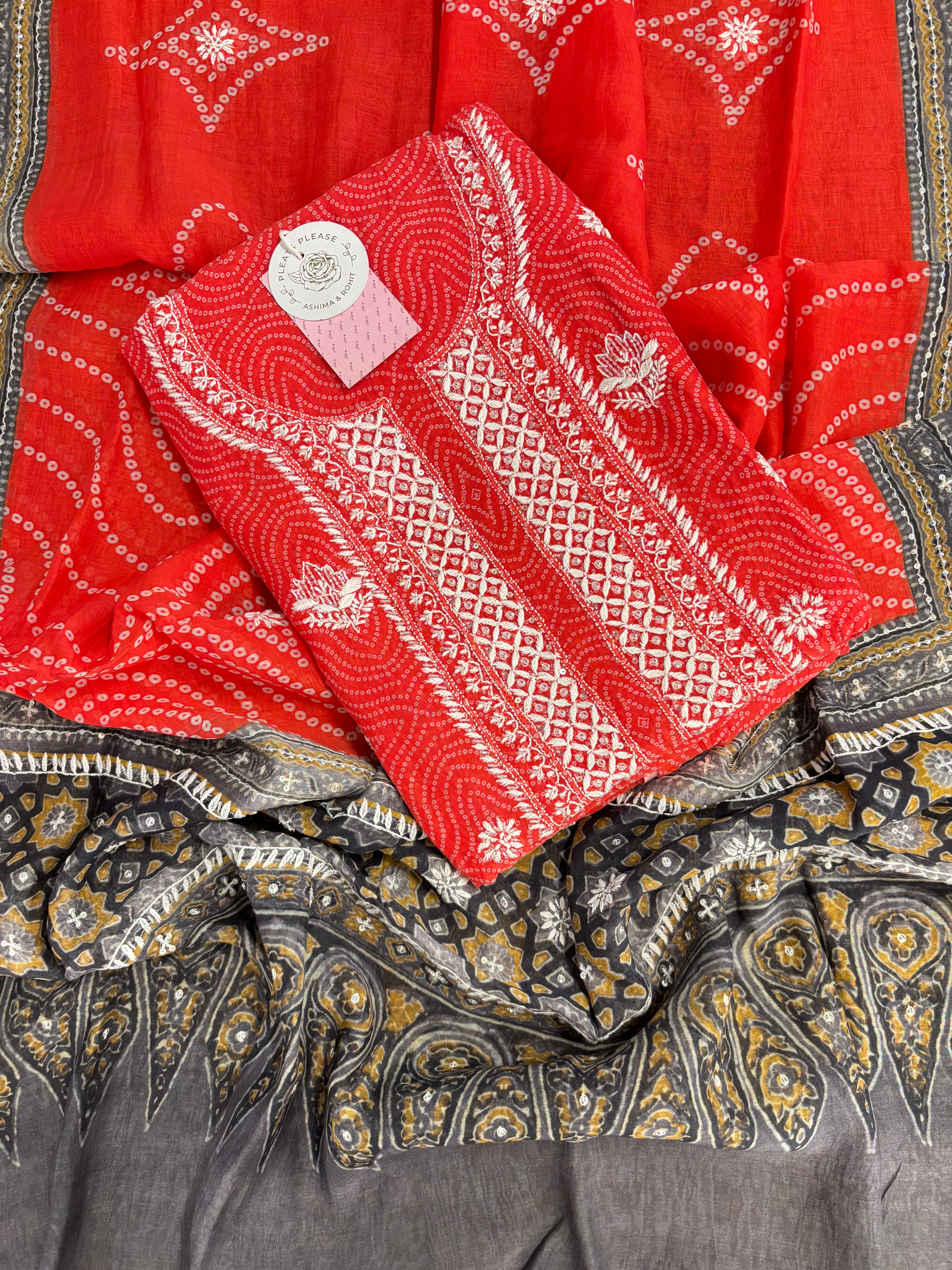 Coral Peach Chanderi Mul Bandhej Chikankari Kurta & Dupatta