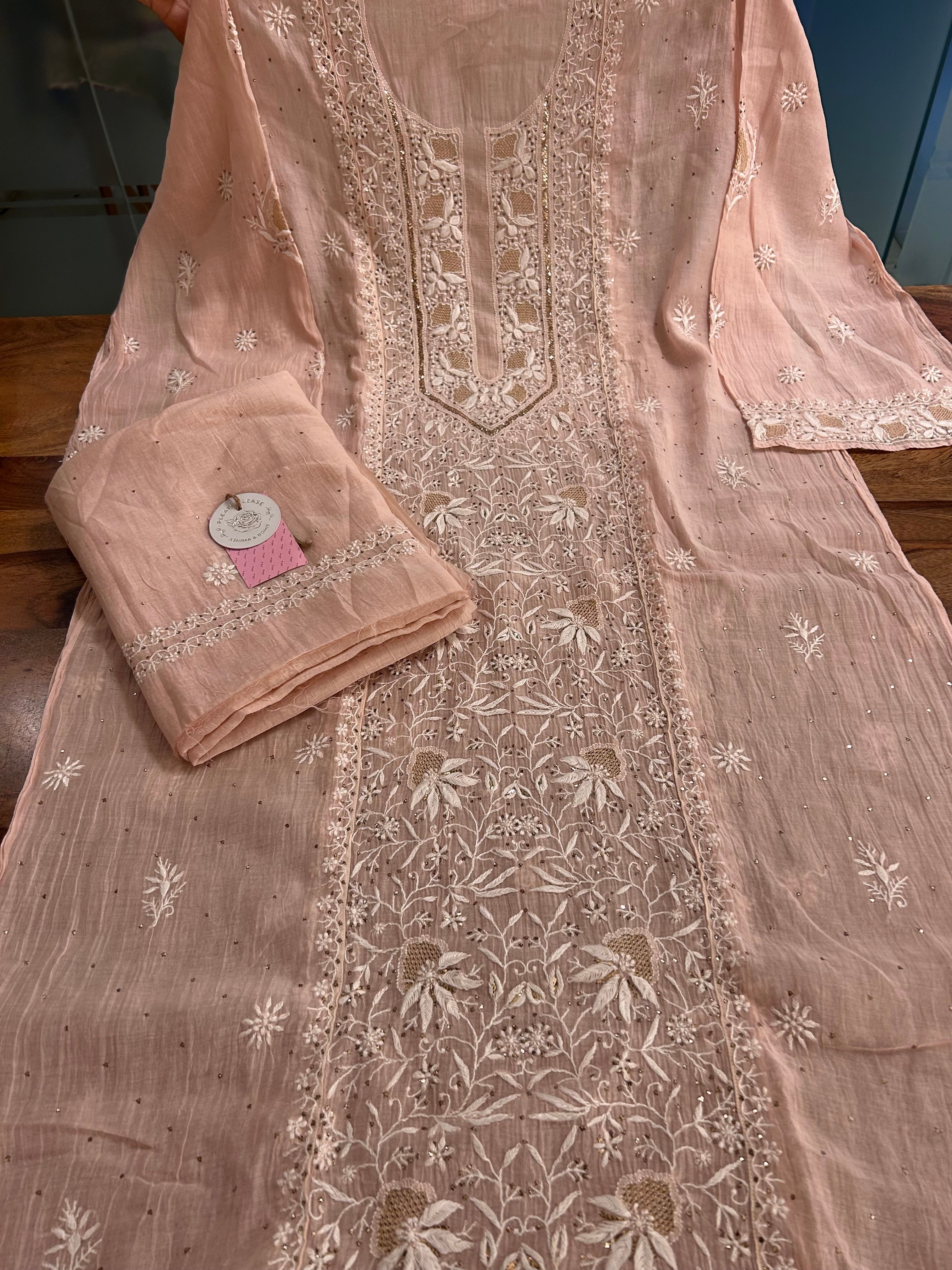 Pastel Peach Chanderi Mul Chikankari Mukaish Kurta & Dupatta