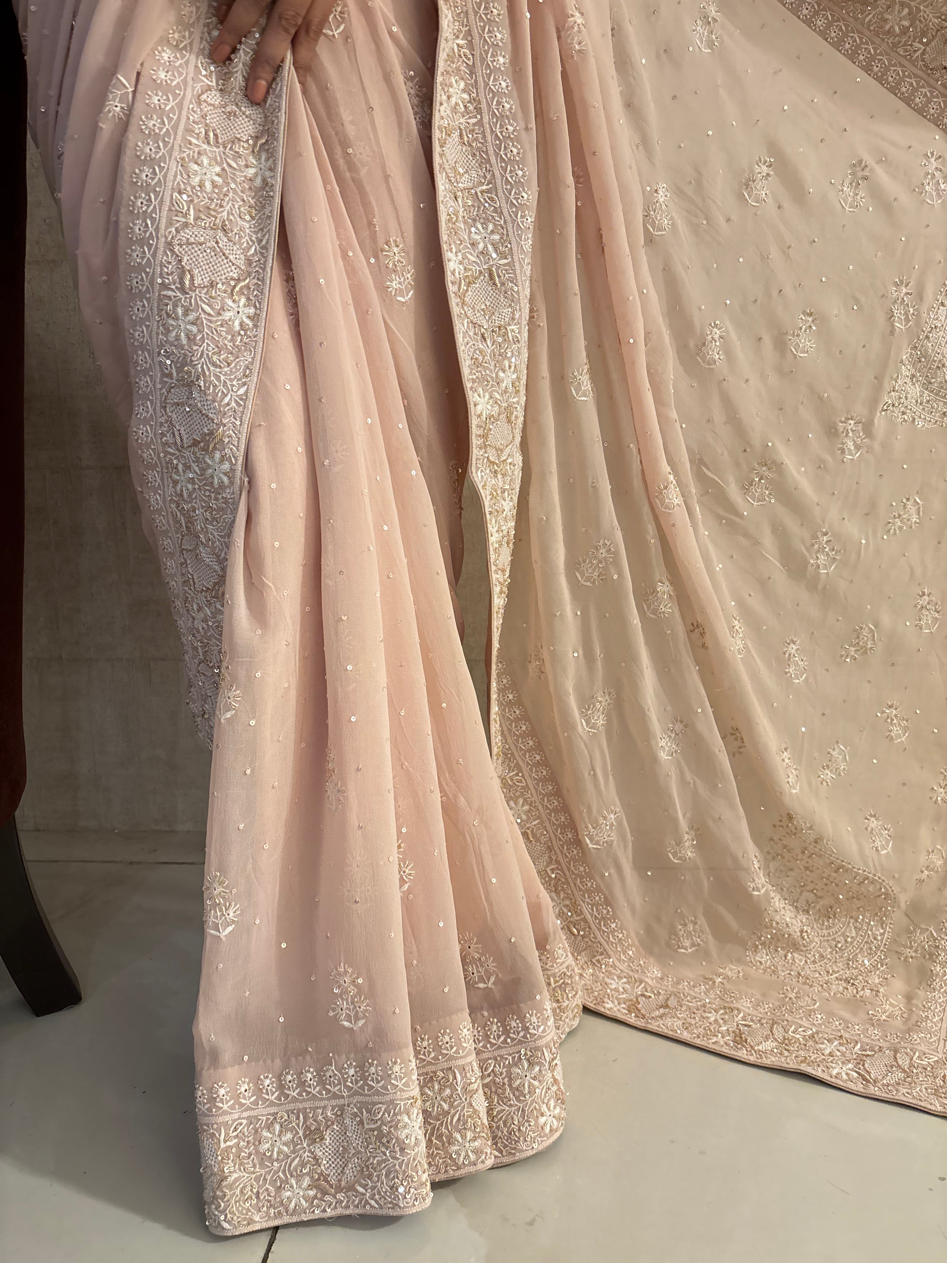 Peach Pure & Premium Georgette Chikankari Saree & Blouse