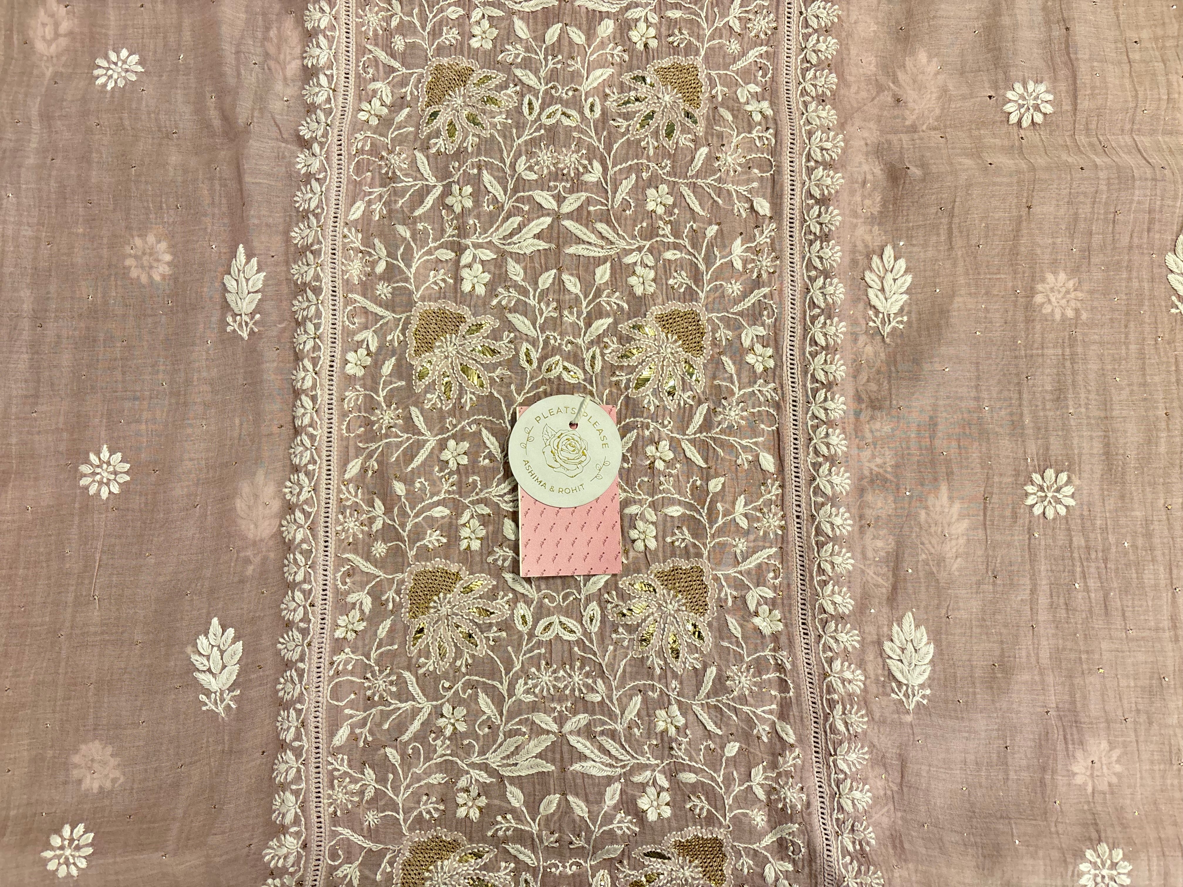 Rose Gold Chanderi Chikankari Mukaish Kurta & Dupatta - Pleats PleaseChikankari