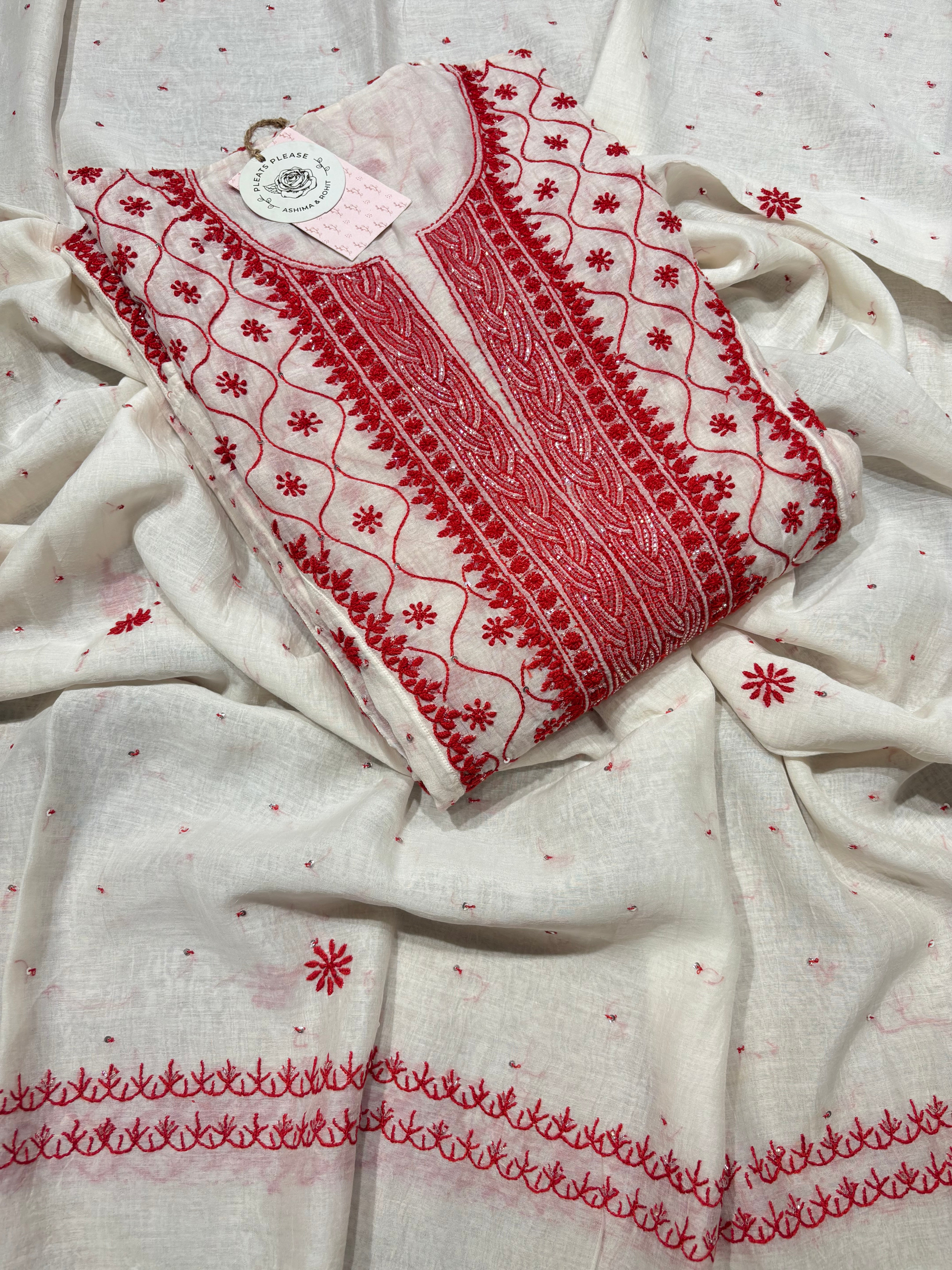 Dyeable Chanderi mul Chikankari Anarkali and Dupatta set