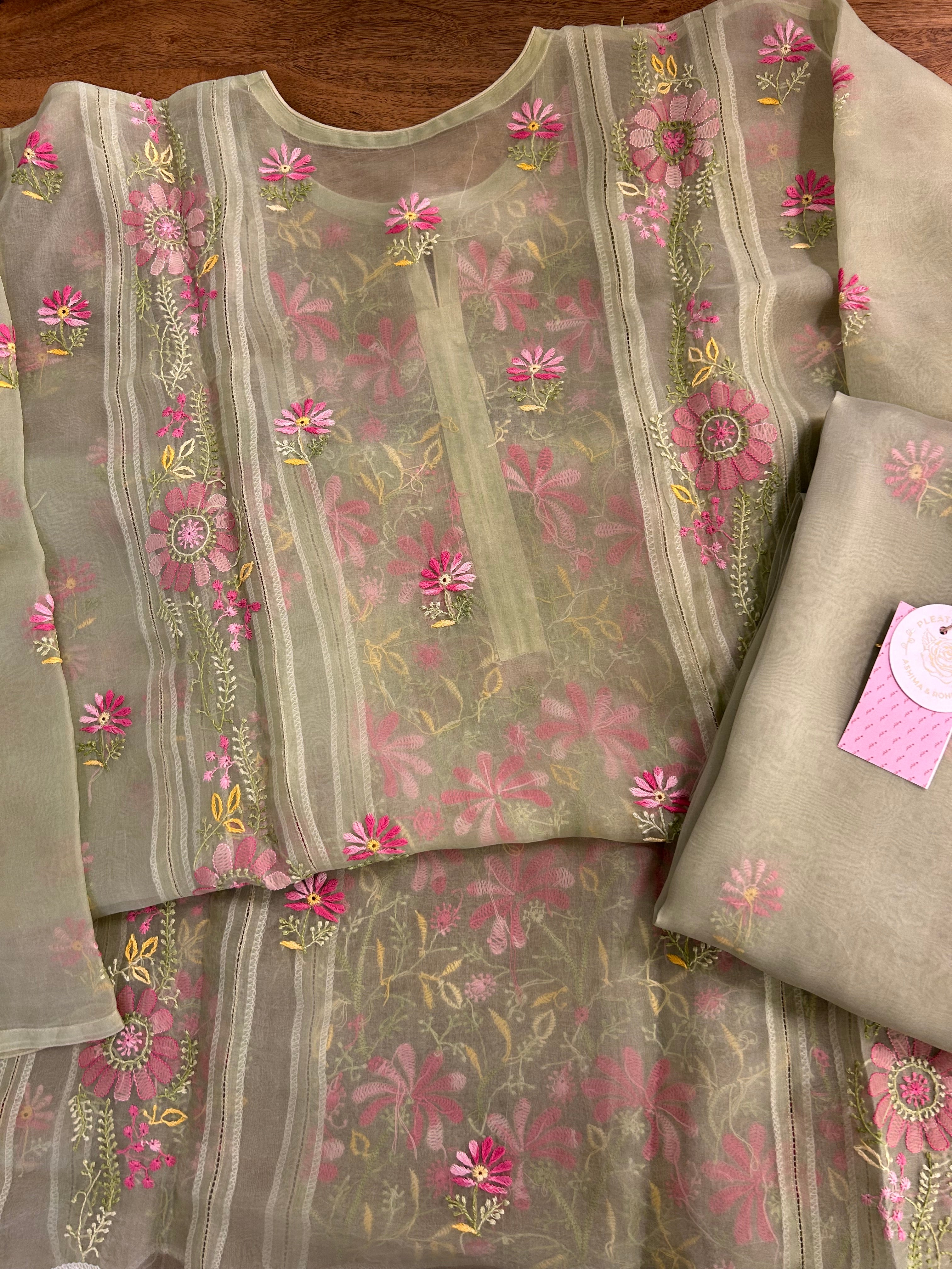 Sage Mist Pure Organza Chikankari Kurta & Dupatta
