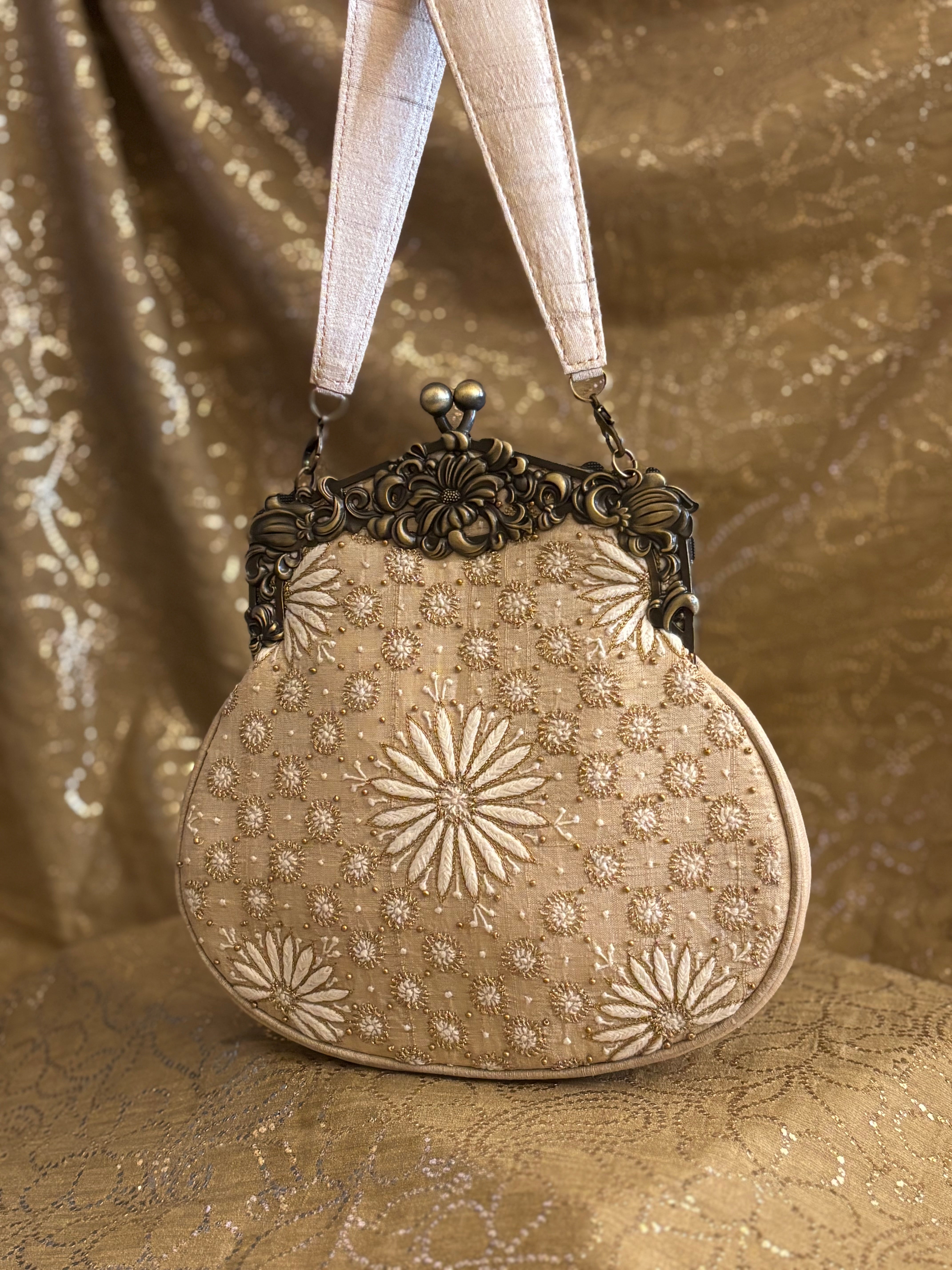 Beige Chikankari Clutch Bag