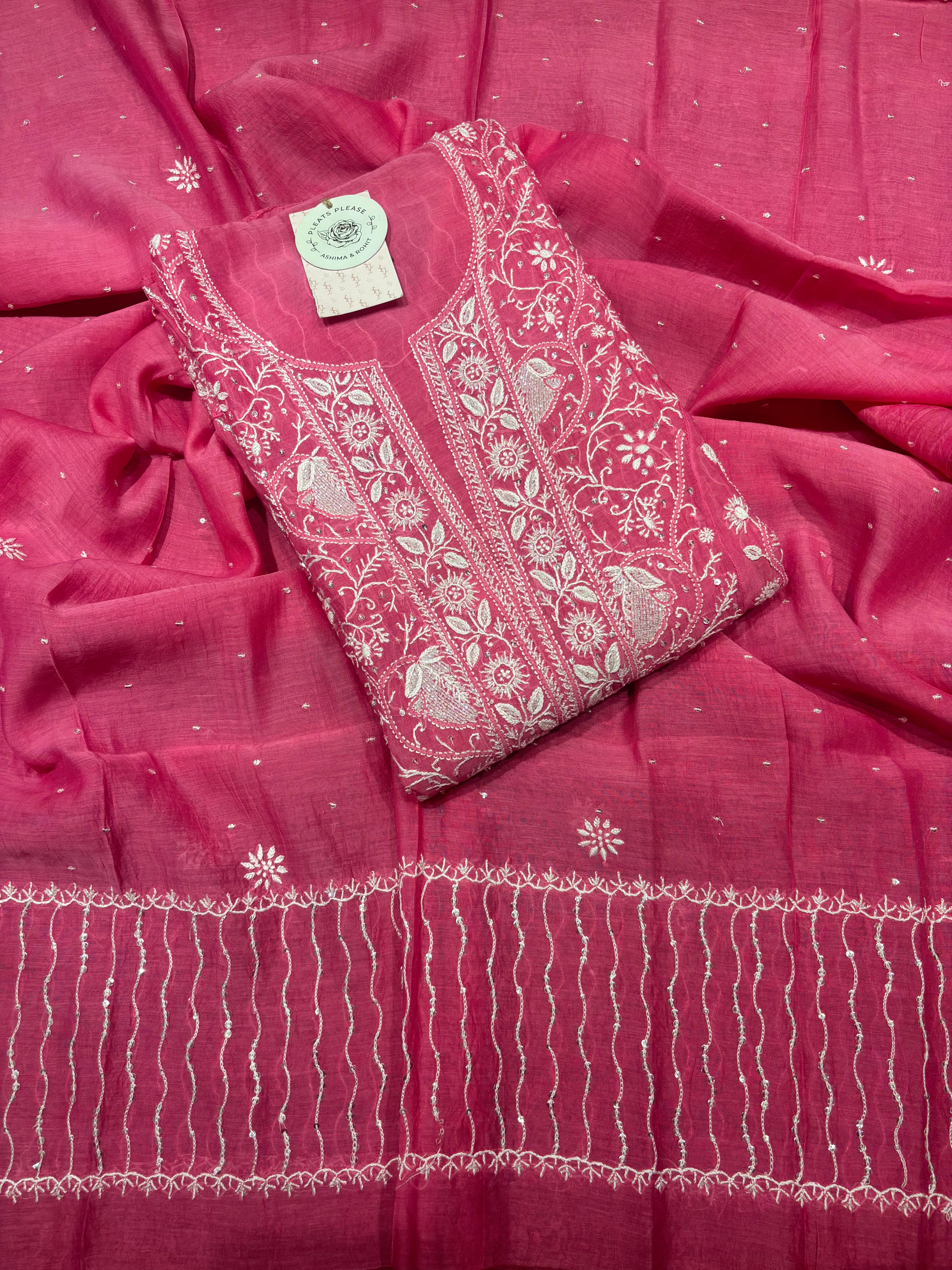 Fuschia Pink Chanderi Mul Chikankari Anarkali & Dupatta Set