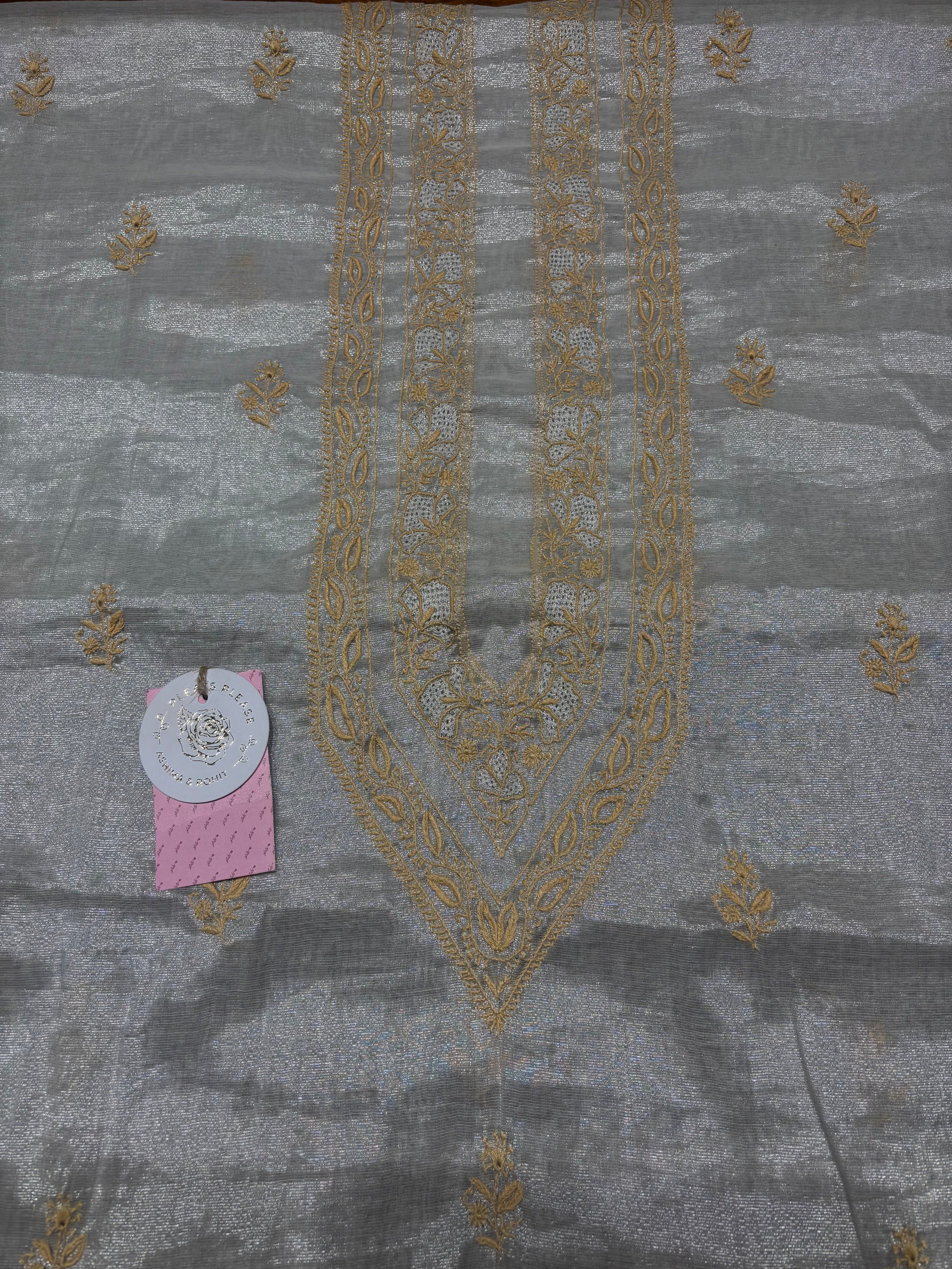 Dyeable Pure & Premium Silver Tissue Chikankari Men’s Kurta Fabric