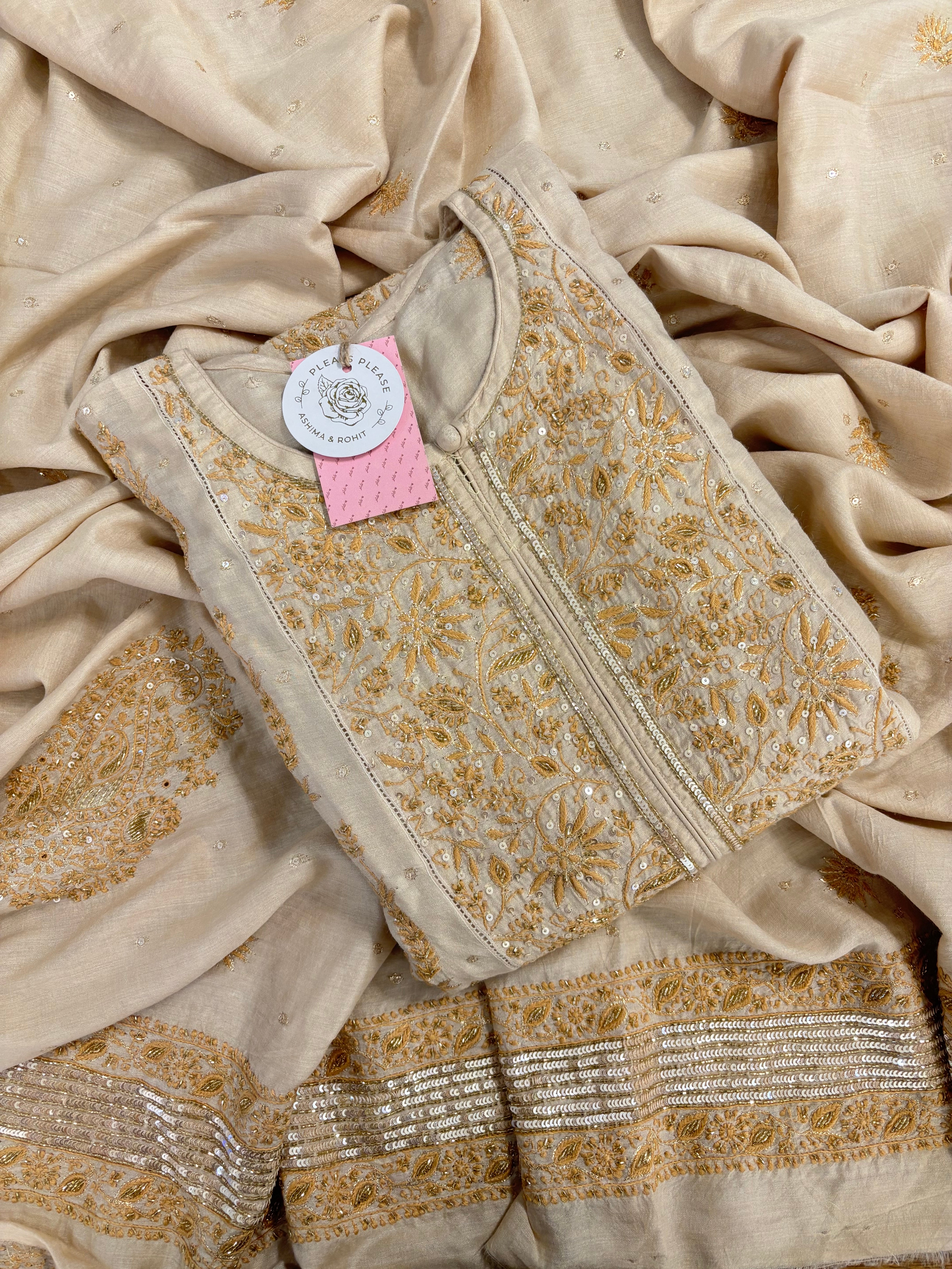 Dyeable Natural Monga Silk Chikankari A-Line Kurta & Dupatta