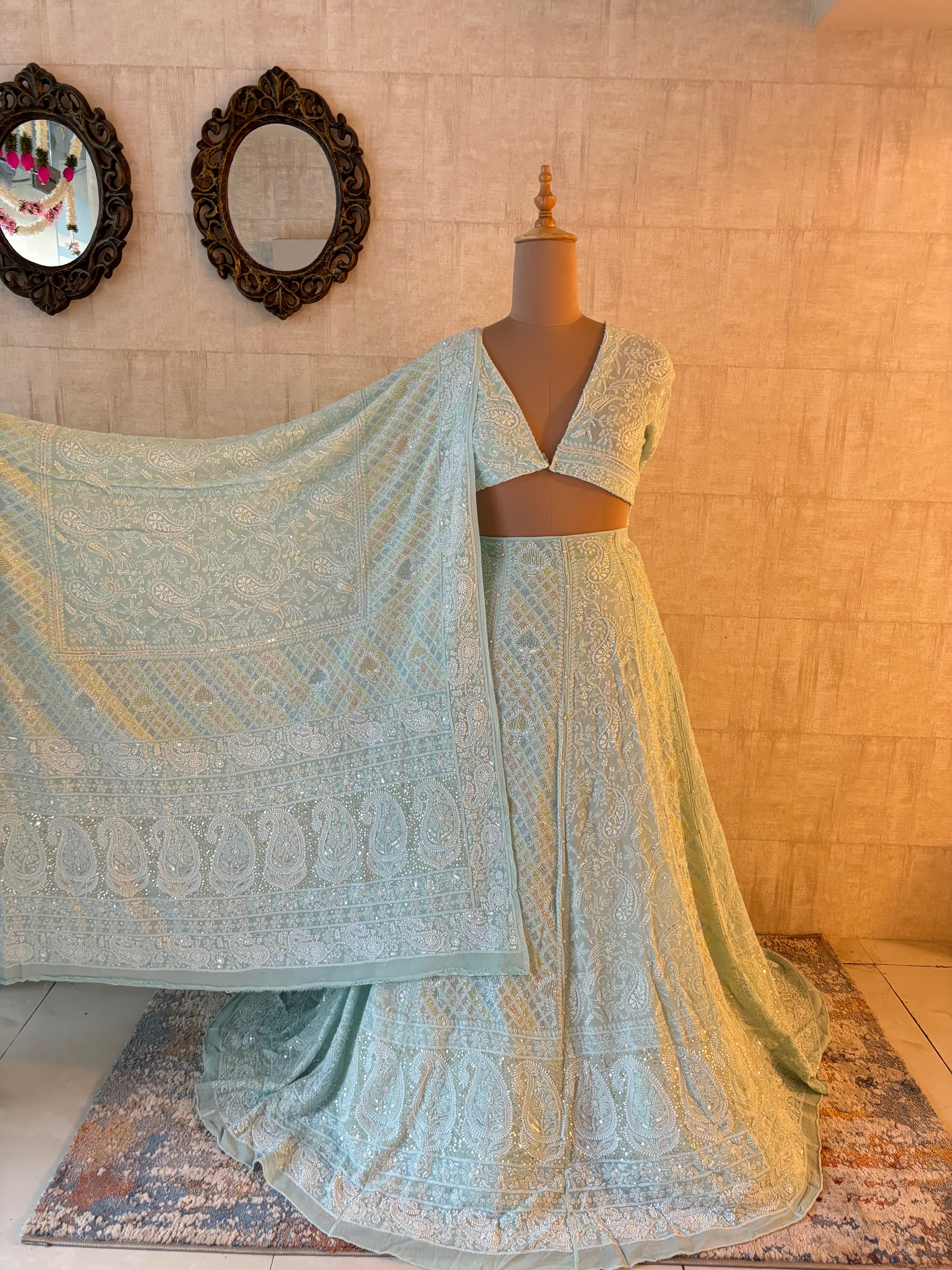 Sea Foam Pure & Premium Georgette Chikankari Lehenga & Dupatta Set