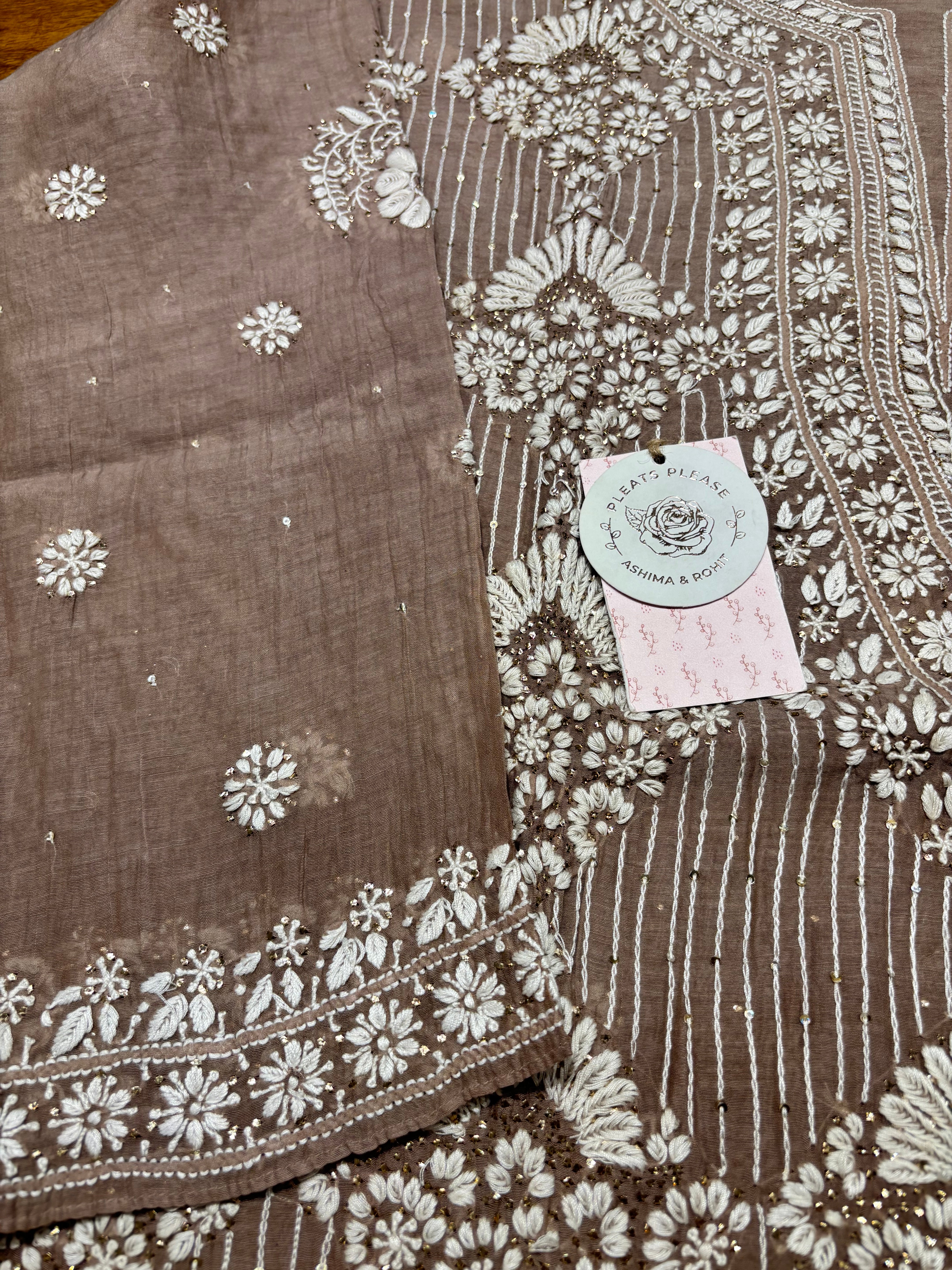 Brown Chanderi Mul Chikankari & Mukaish Kurta and Heavy Dupatta Set