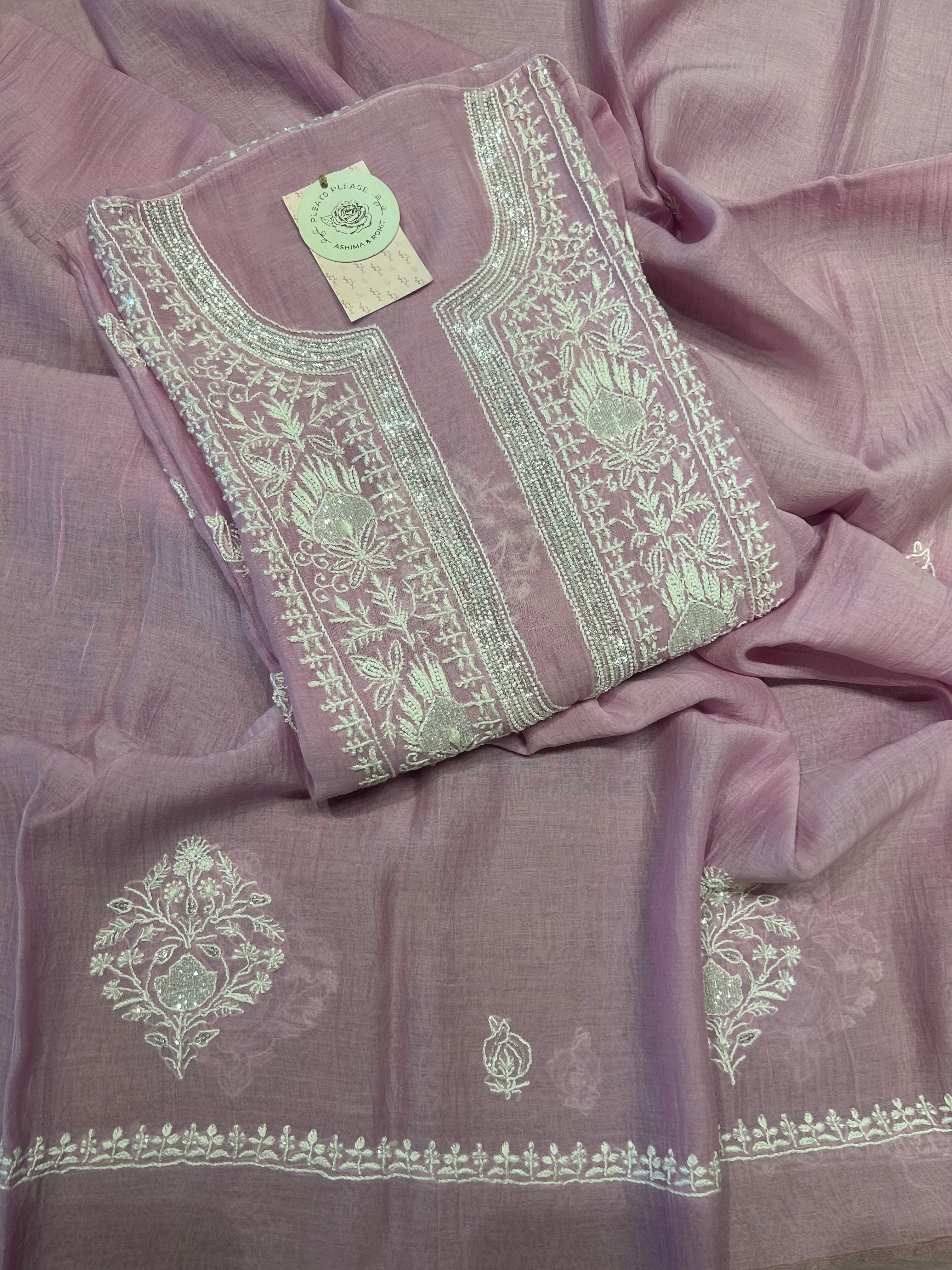 Purple Chikankari Chanderi Mul Kurta and Dupatta set