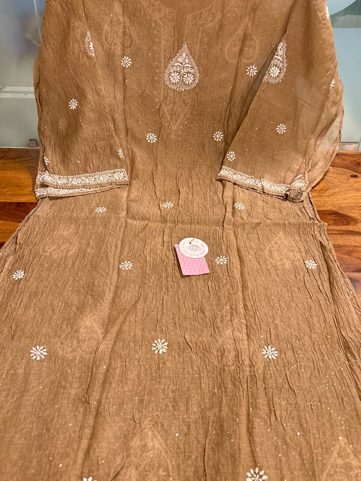 Camel Brown Chanderi Chikankari Mukaish Kurta & Dupatta