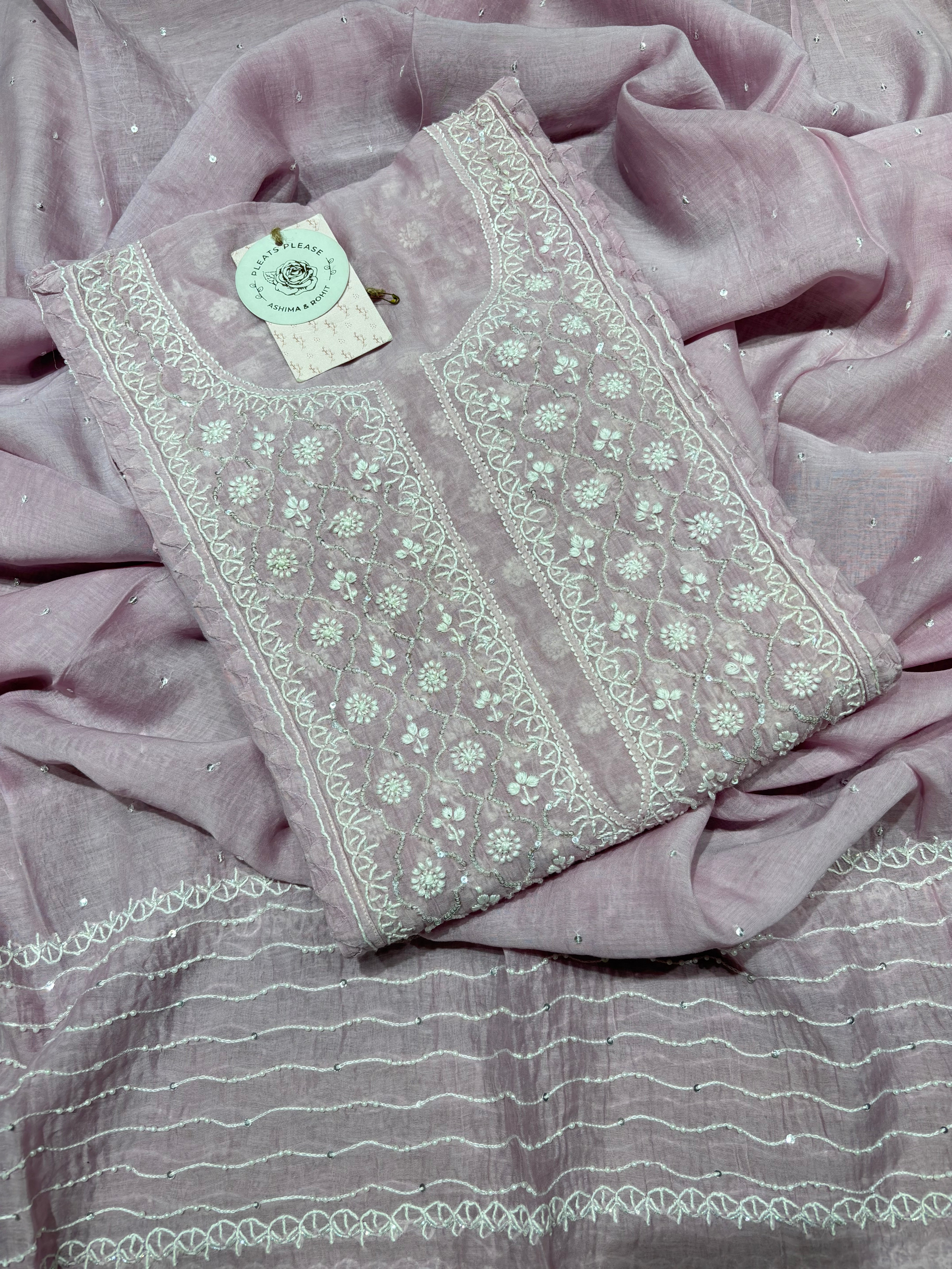 Lavender Chanderi  Mul Chikankari  Kurta & Dupatta Set