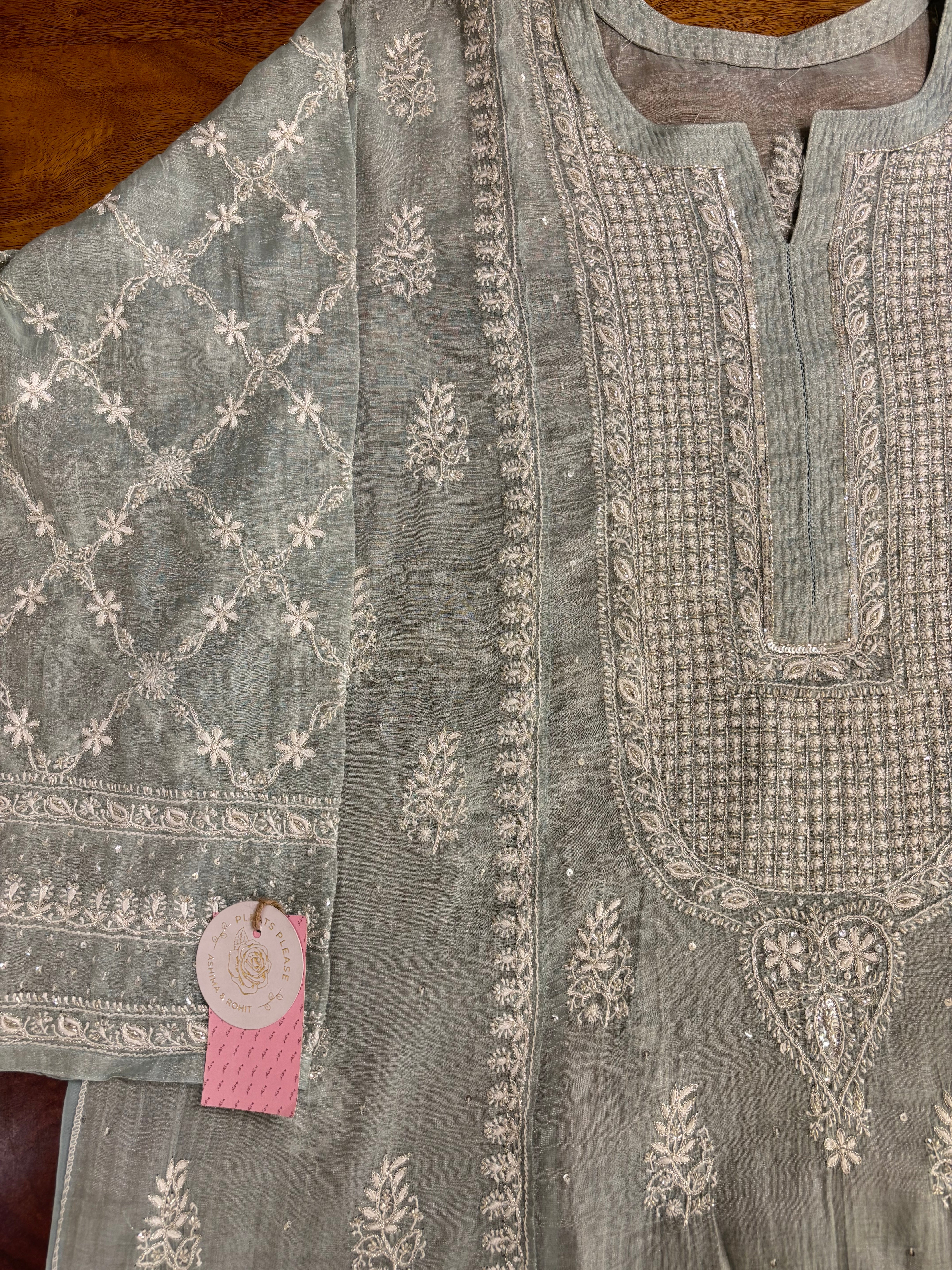 Pastel Sage Green Pure & Premium Tissue Chikankari Kurta & Dupatta