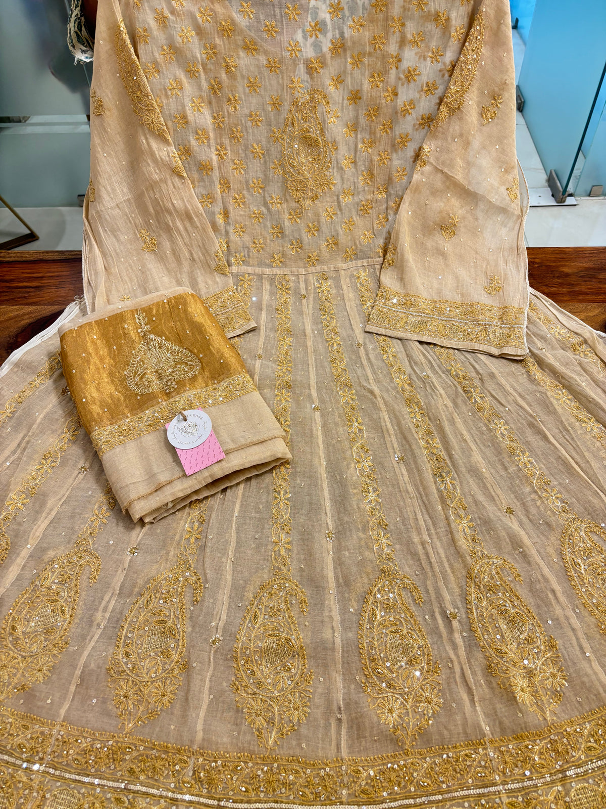 Dyeable Pure & Premium Tissue Mirror Chikankari Bajirao Anarkali & Dupatta