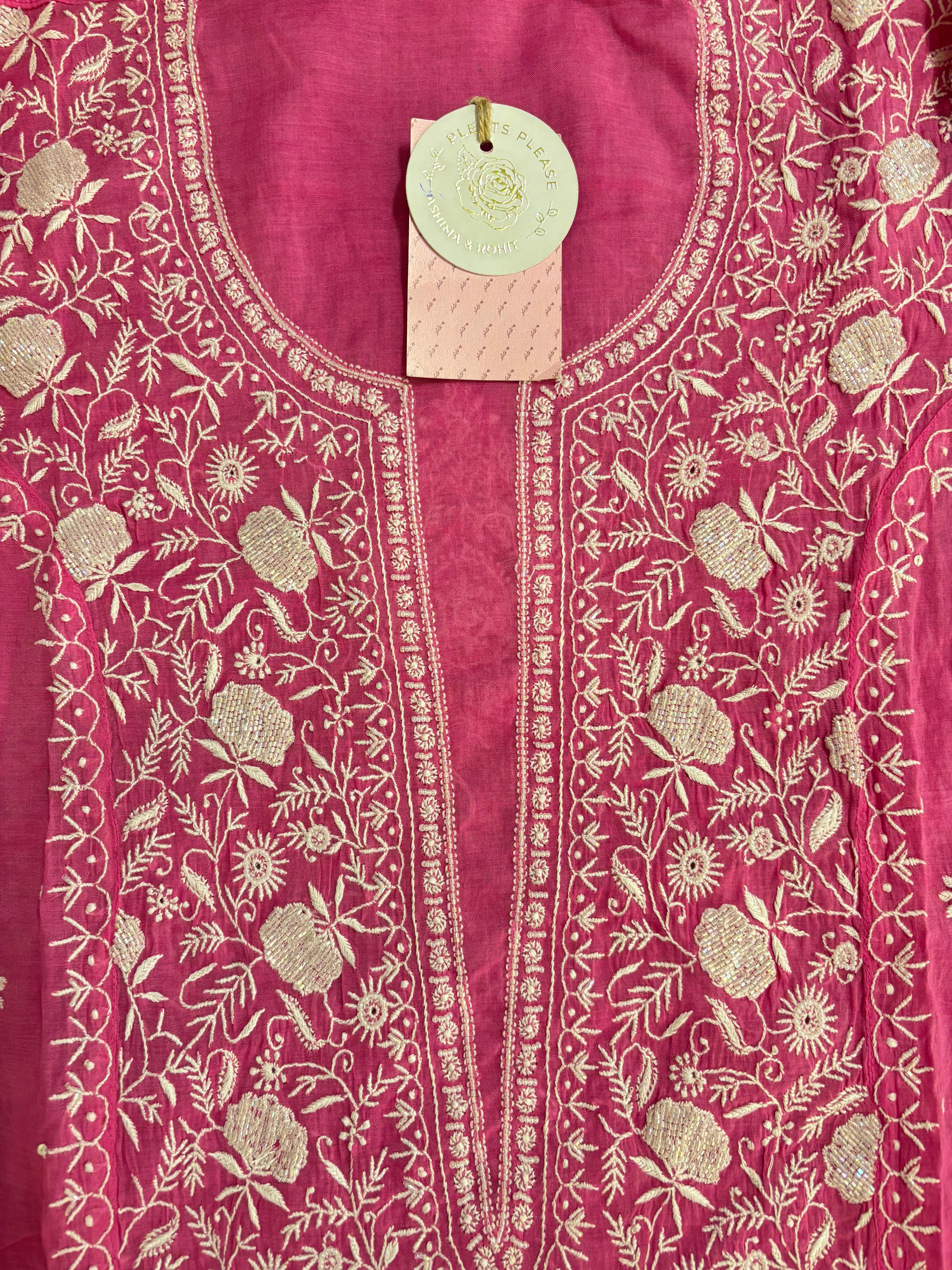 Magenta Chanderi Cotton Chikankari Kurta & Dupatta