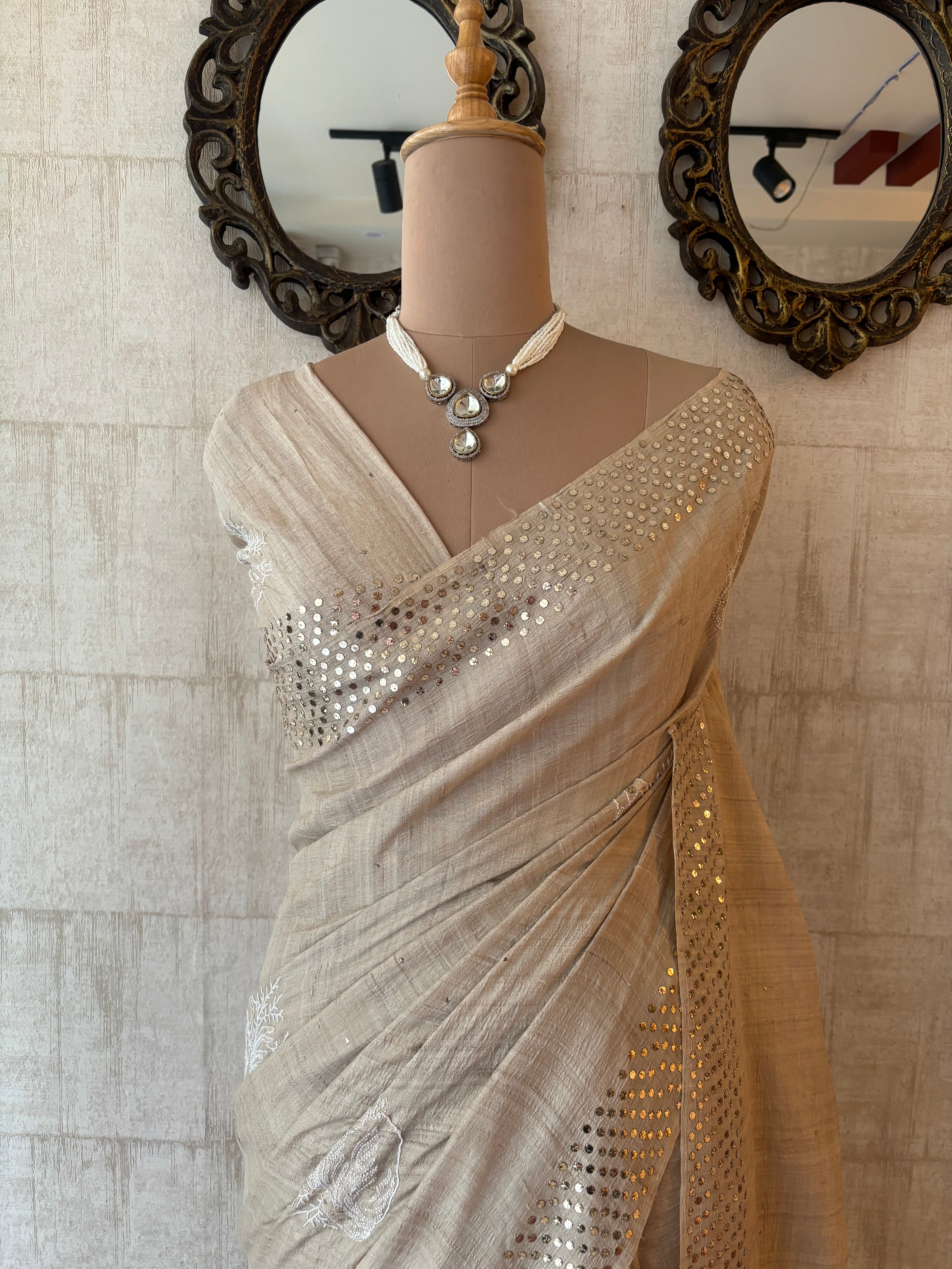 Dyeable Pure and Premium Tussar Silk Chikankari & Mukaish Saree and Blouse