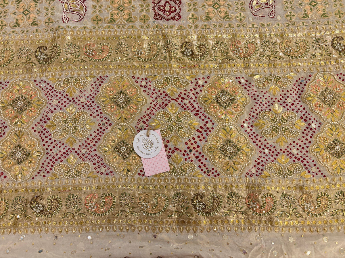 Ivory Bandhej Mirror Zardozi Embellished Dupatta