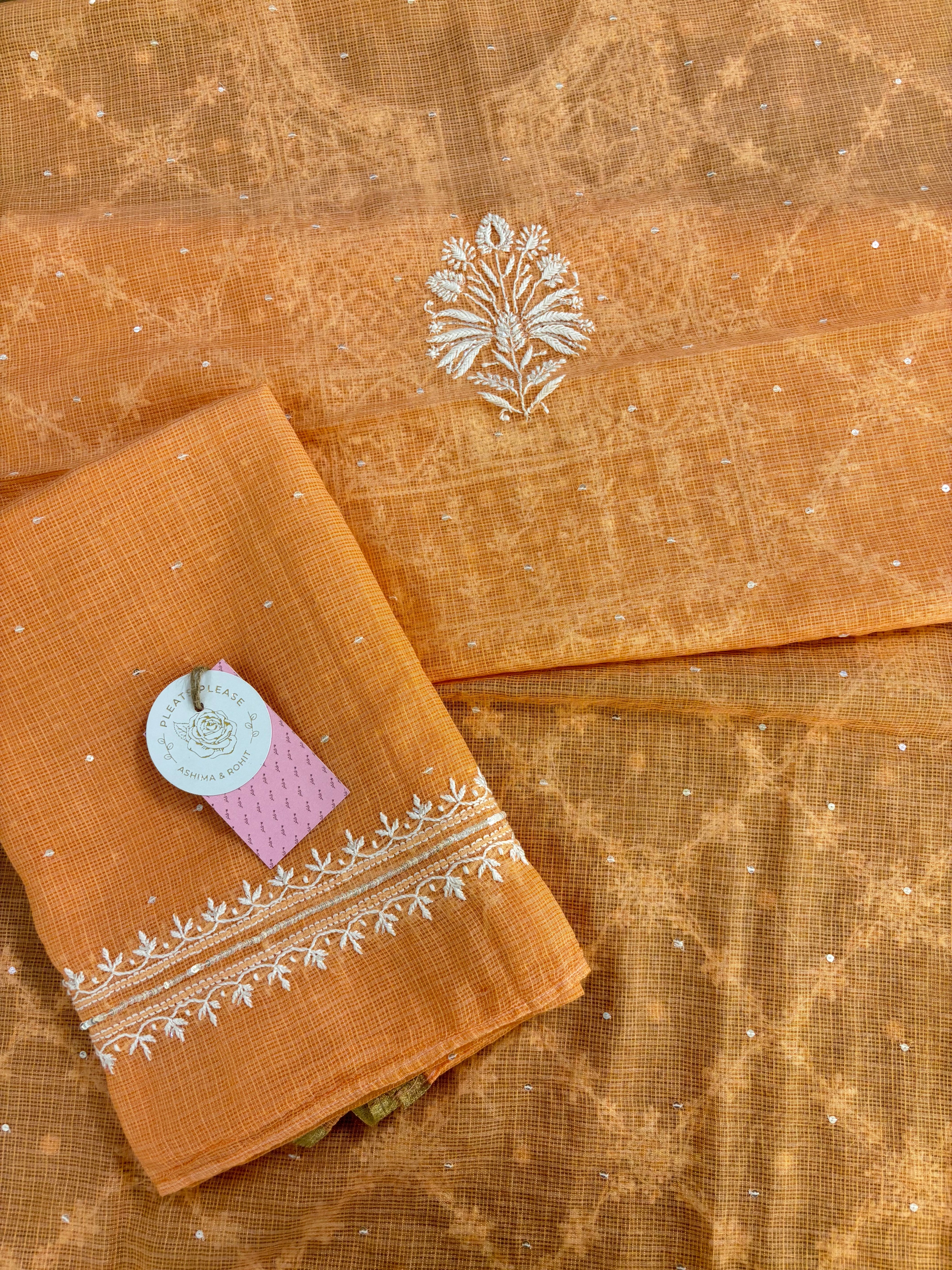 Peach Kota Doria Chikankari Kurta & Dupatta