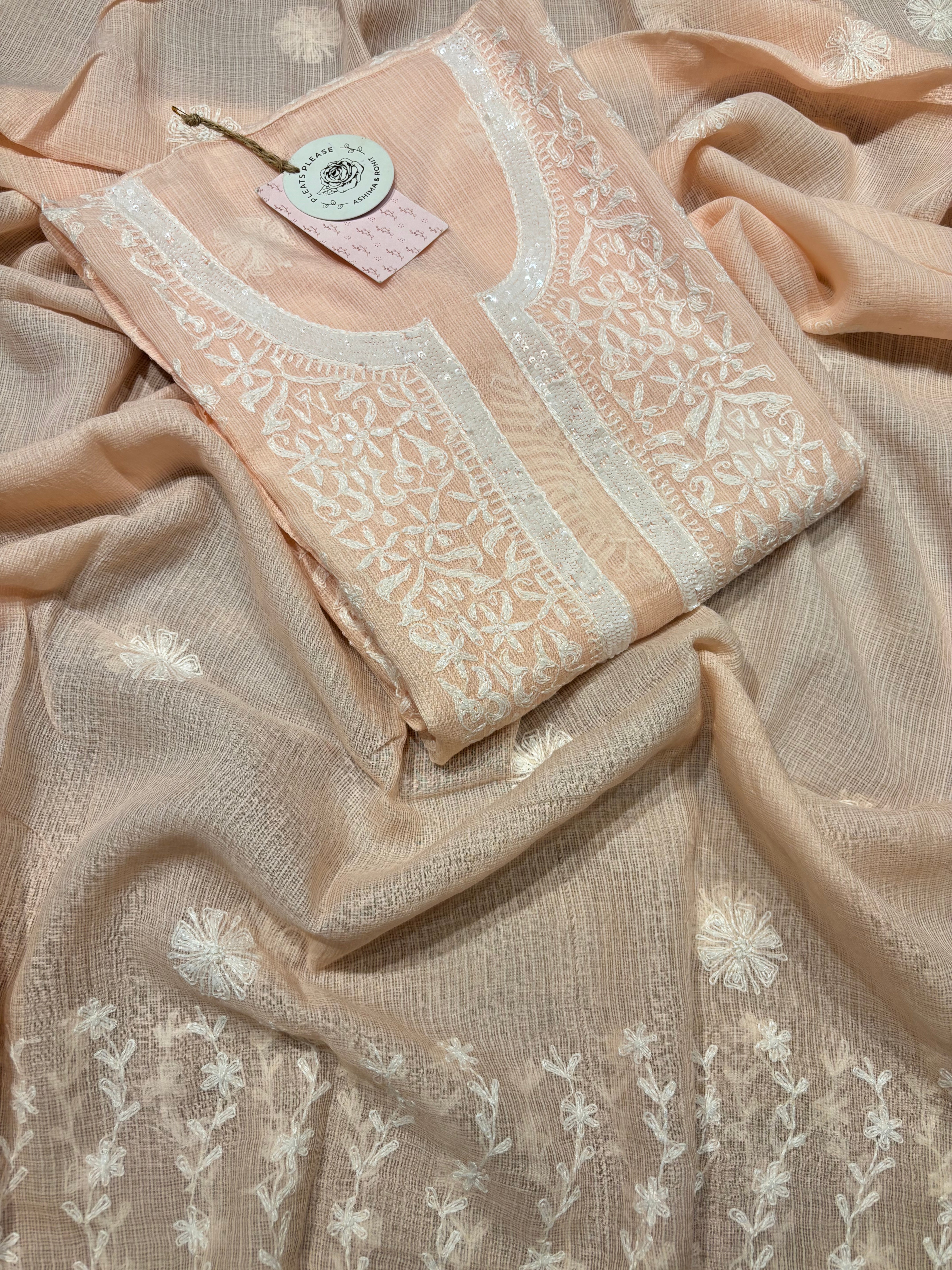 Blush Pink Kota Chikankari Kurta And Dupatta Set