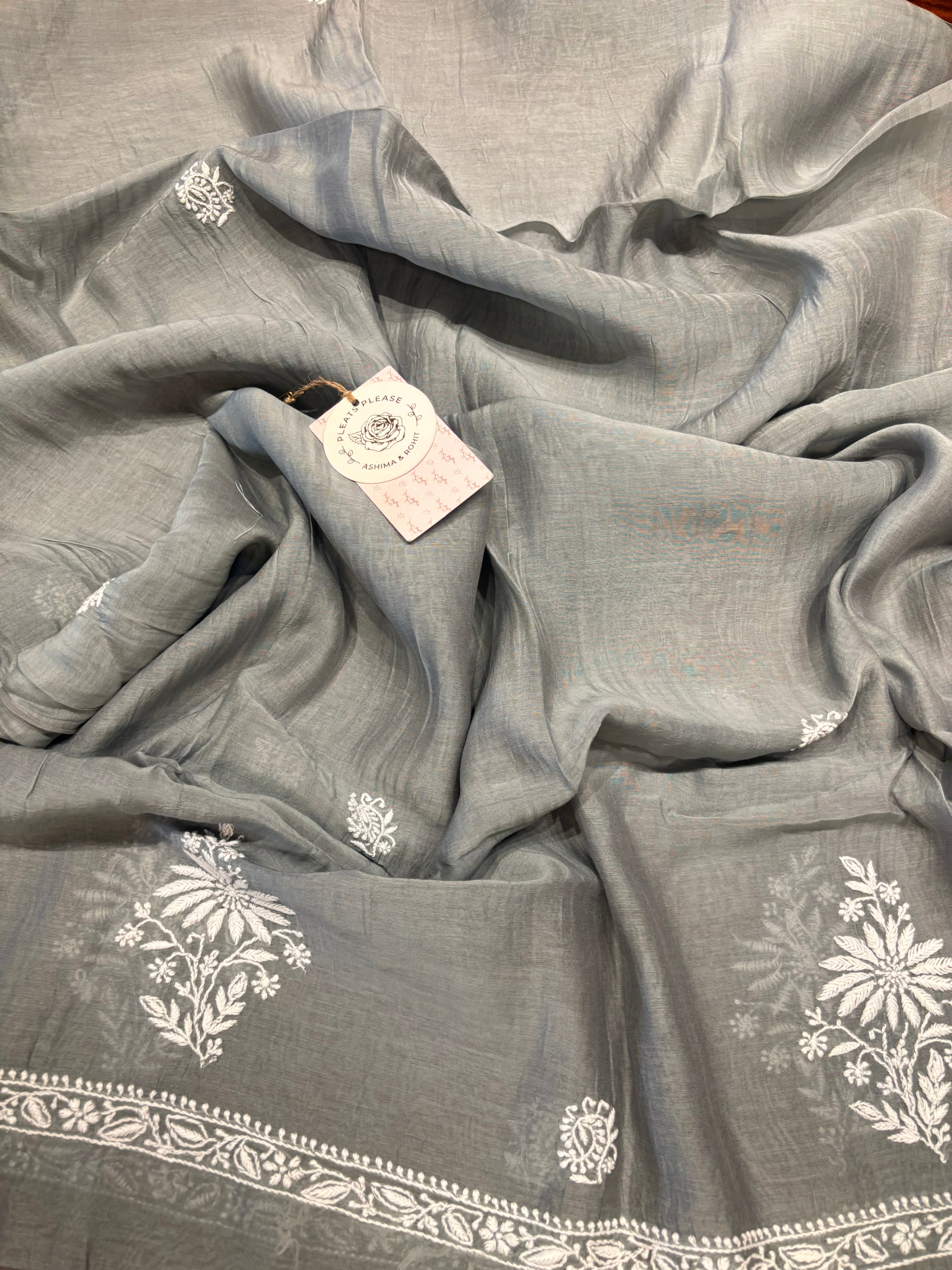 Gray Chanderi Mul Only Chikankari Kurta and Dupatta