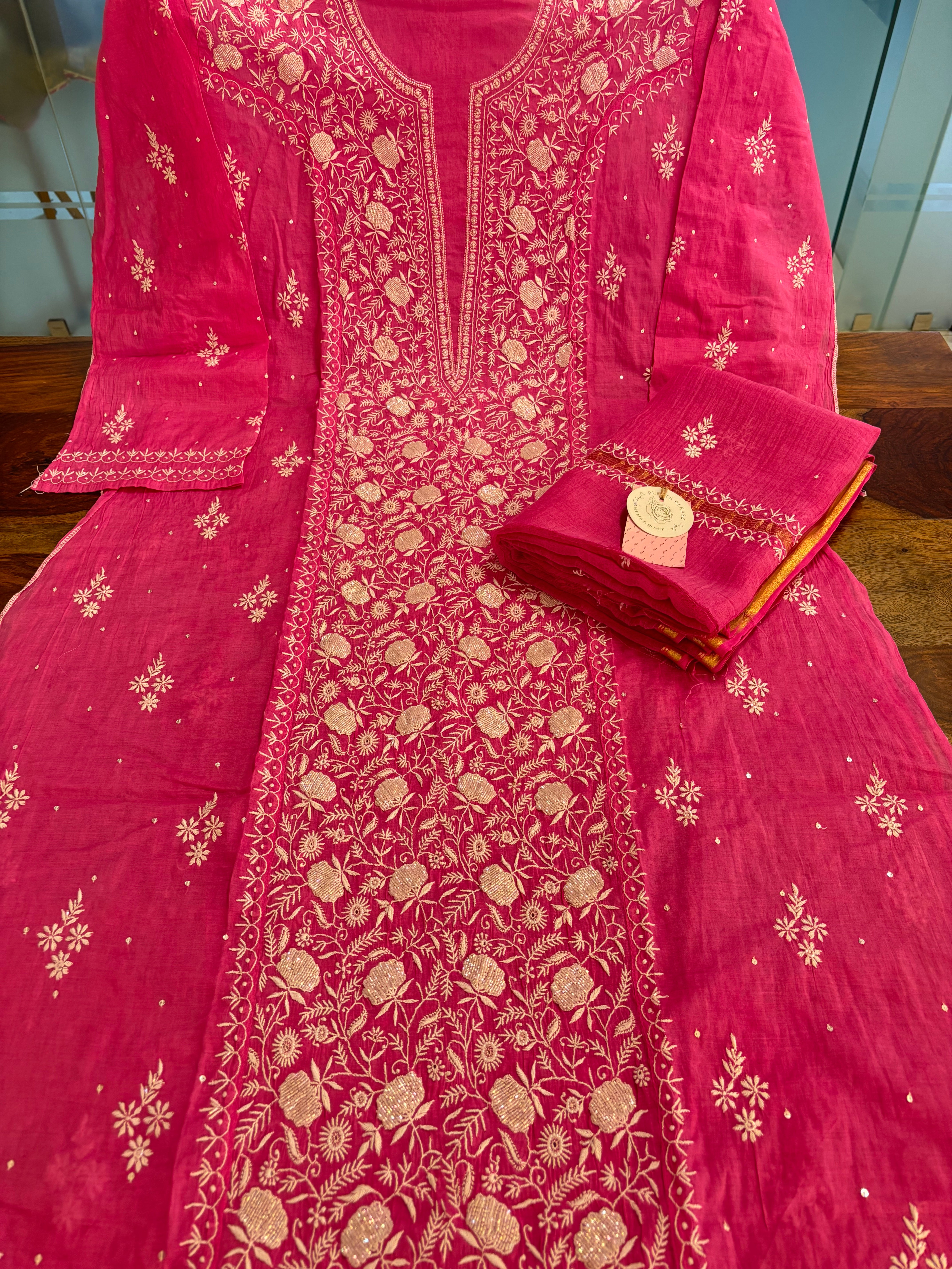Magenta Chanderi Cotton Chikankari Kurta & Dupatta