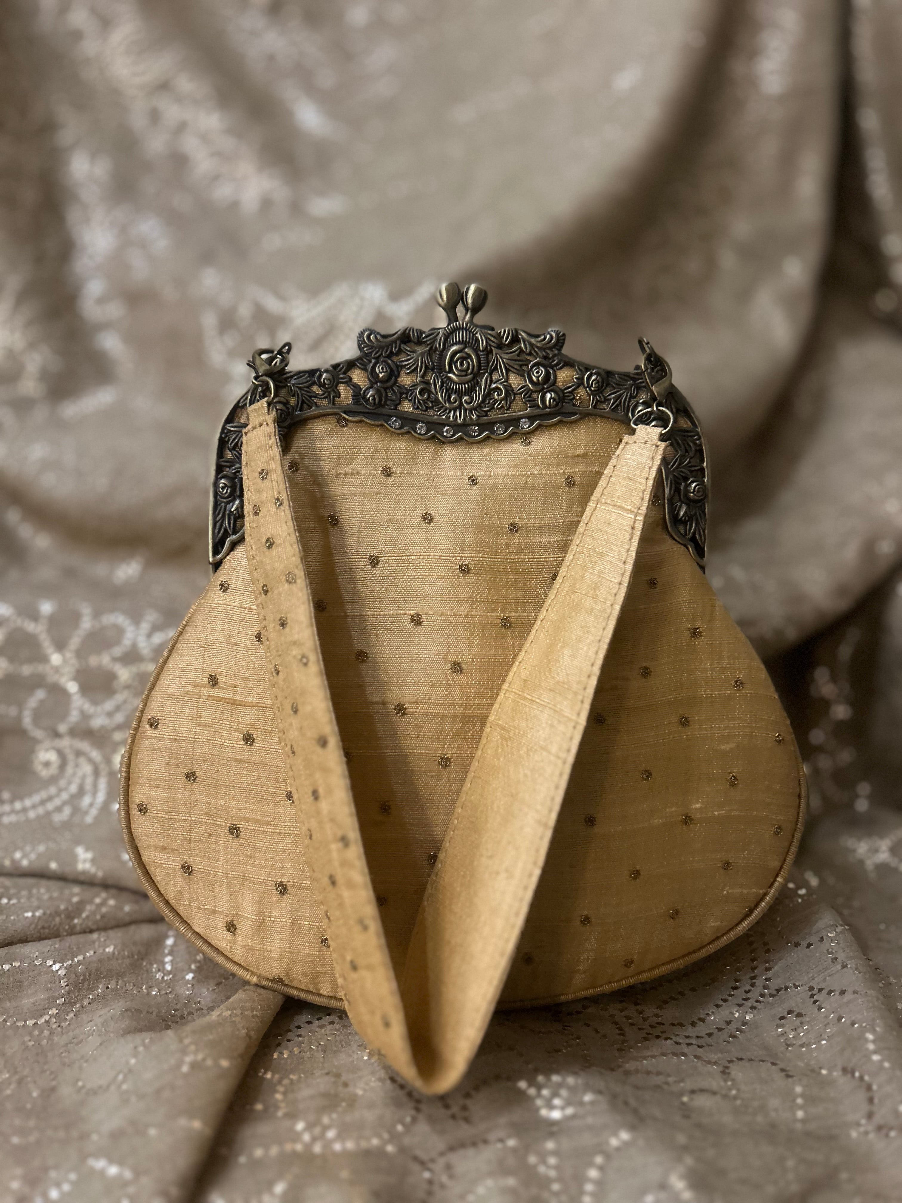 Beige Zardozi Mukaish Clutch Bag - Pleats PleaseChikankari