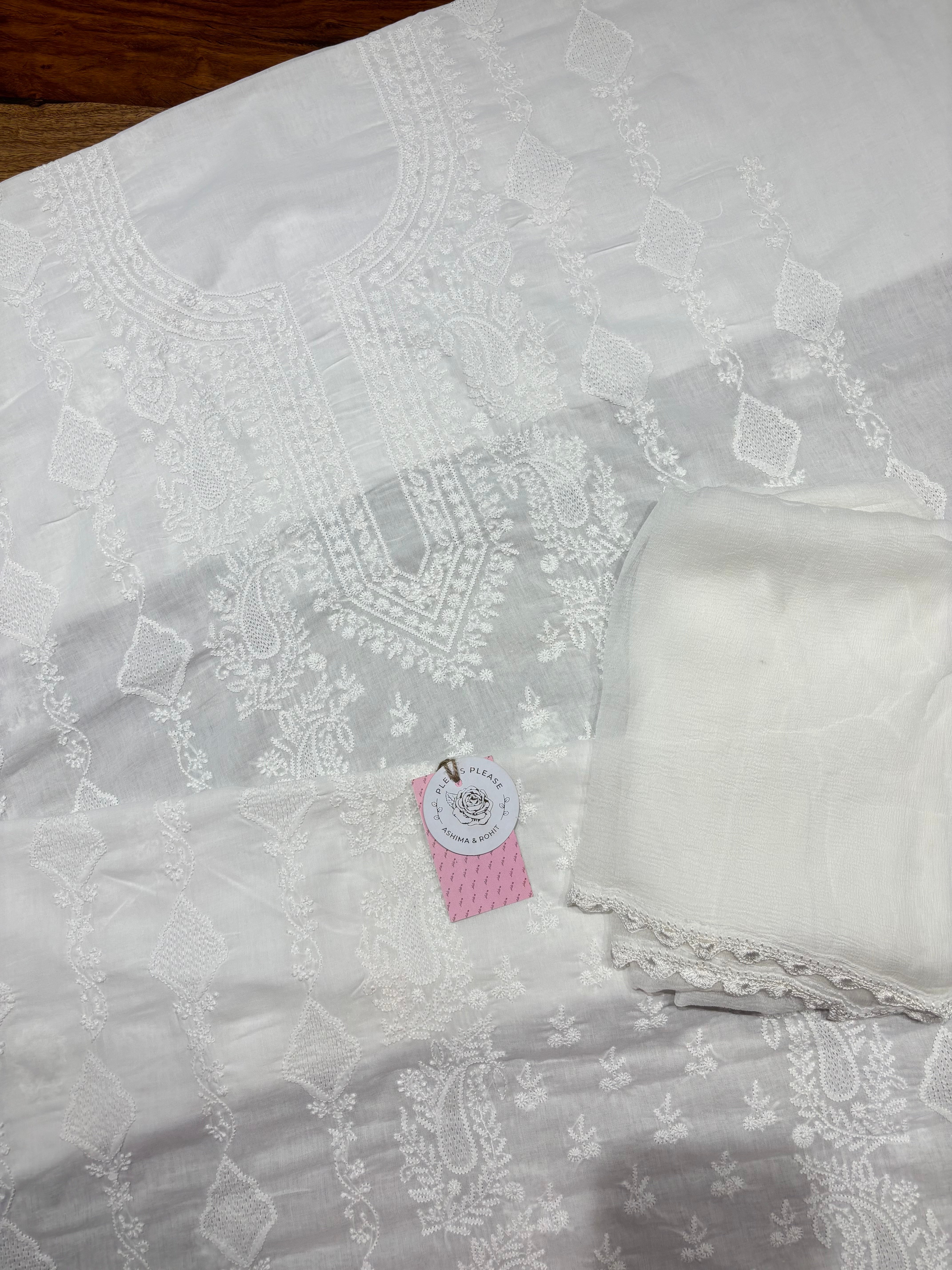 Dyeable Mulmul Chikankari Kurta, Dupatta & Bottom Fabric