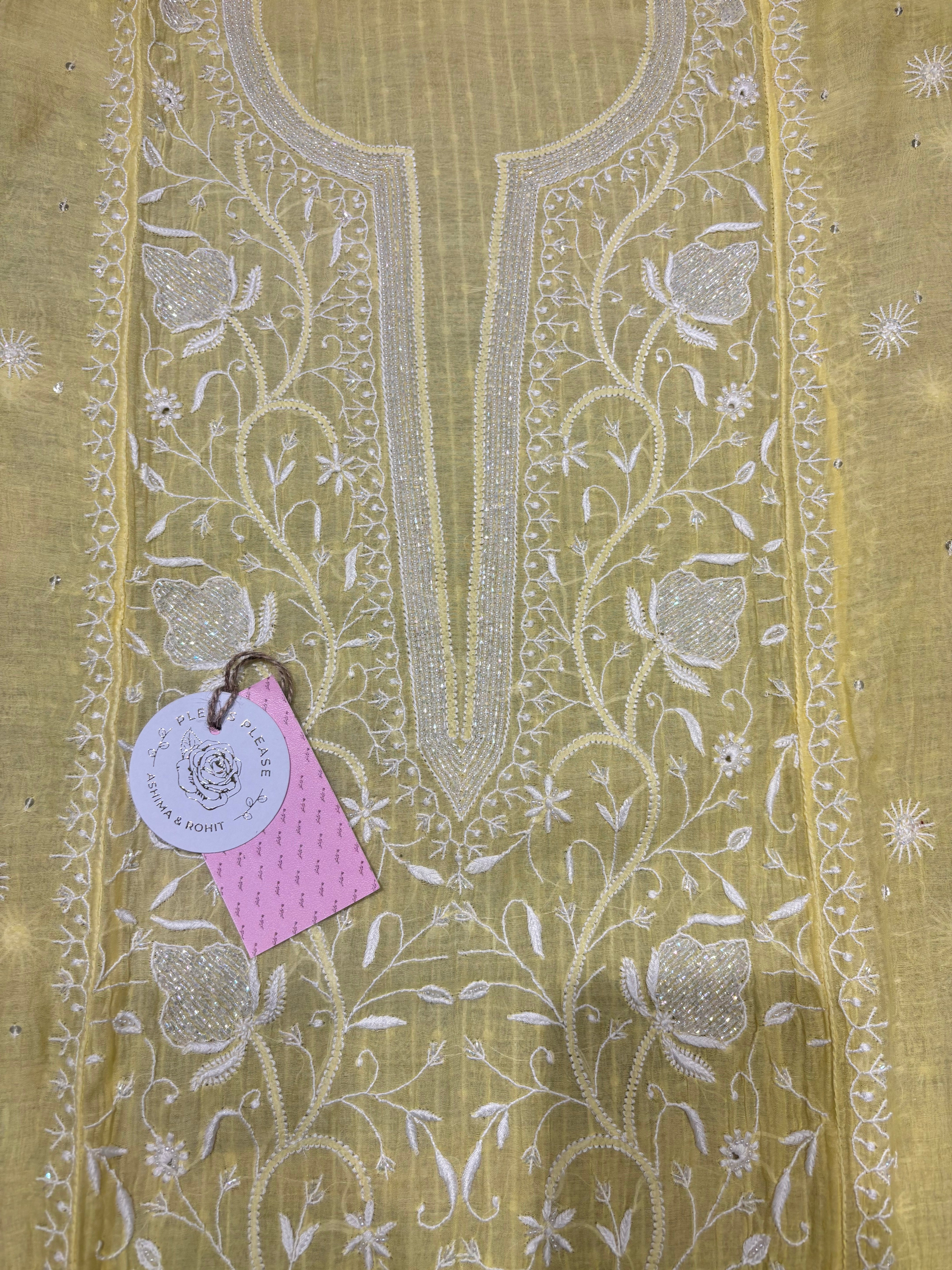 Yellow Chanderi Mul Chikankari Kurta & Dupatta Set